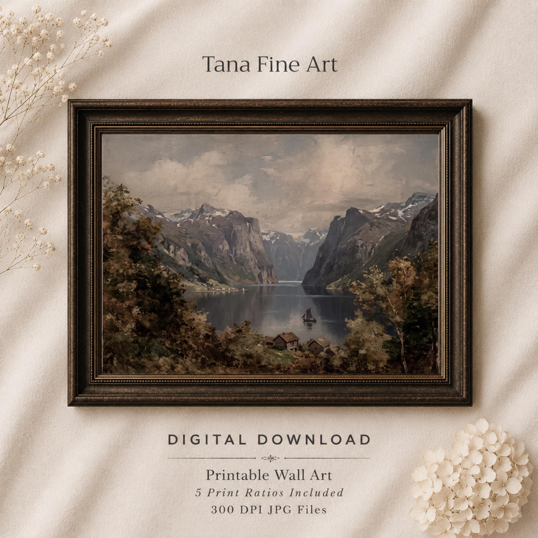 Scandinavian Mountain Lake Print | Norwegian Fjord Wall Art | Moody Vintage Landscape Digital Download