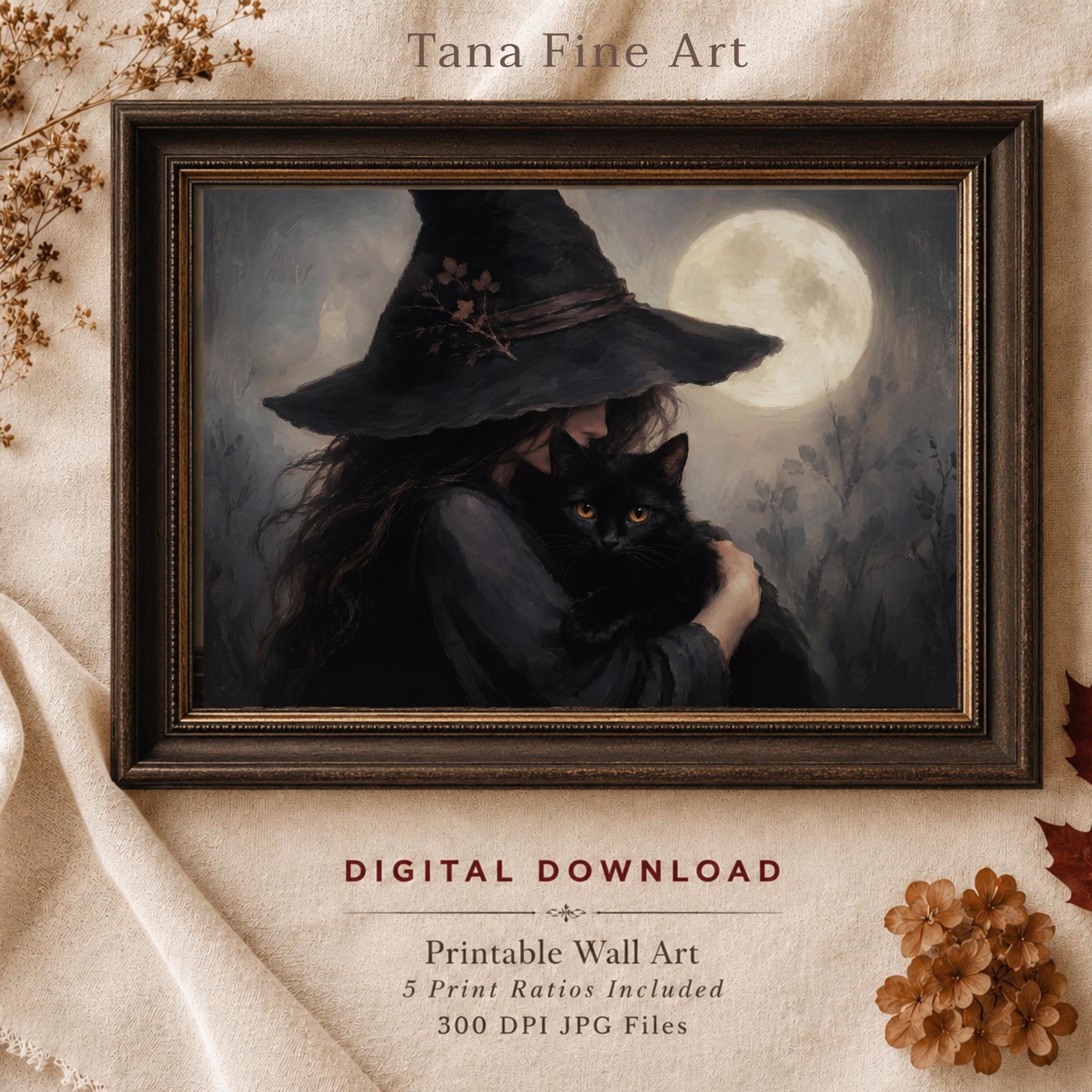 Halloween Witch Wall Art Printables | Black Cat Moon Print | Dark Gothic Decor Digital Download