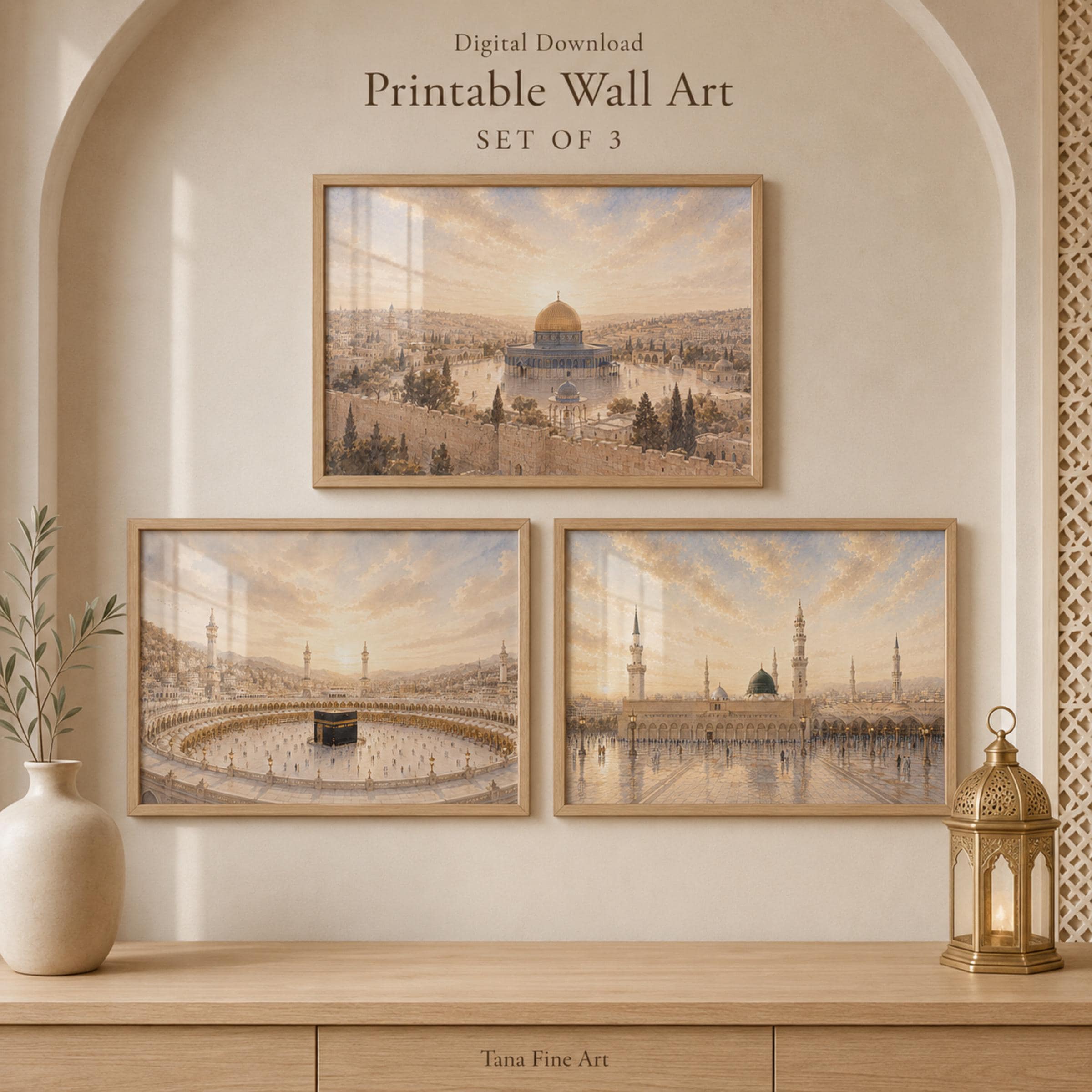 Set of 3 Islamic Wall Art Prints | Kaaba Medina Al-Aqsa Mosque Inspired | Digital Download