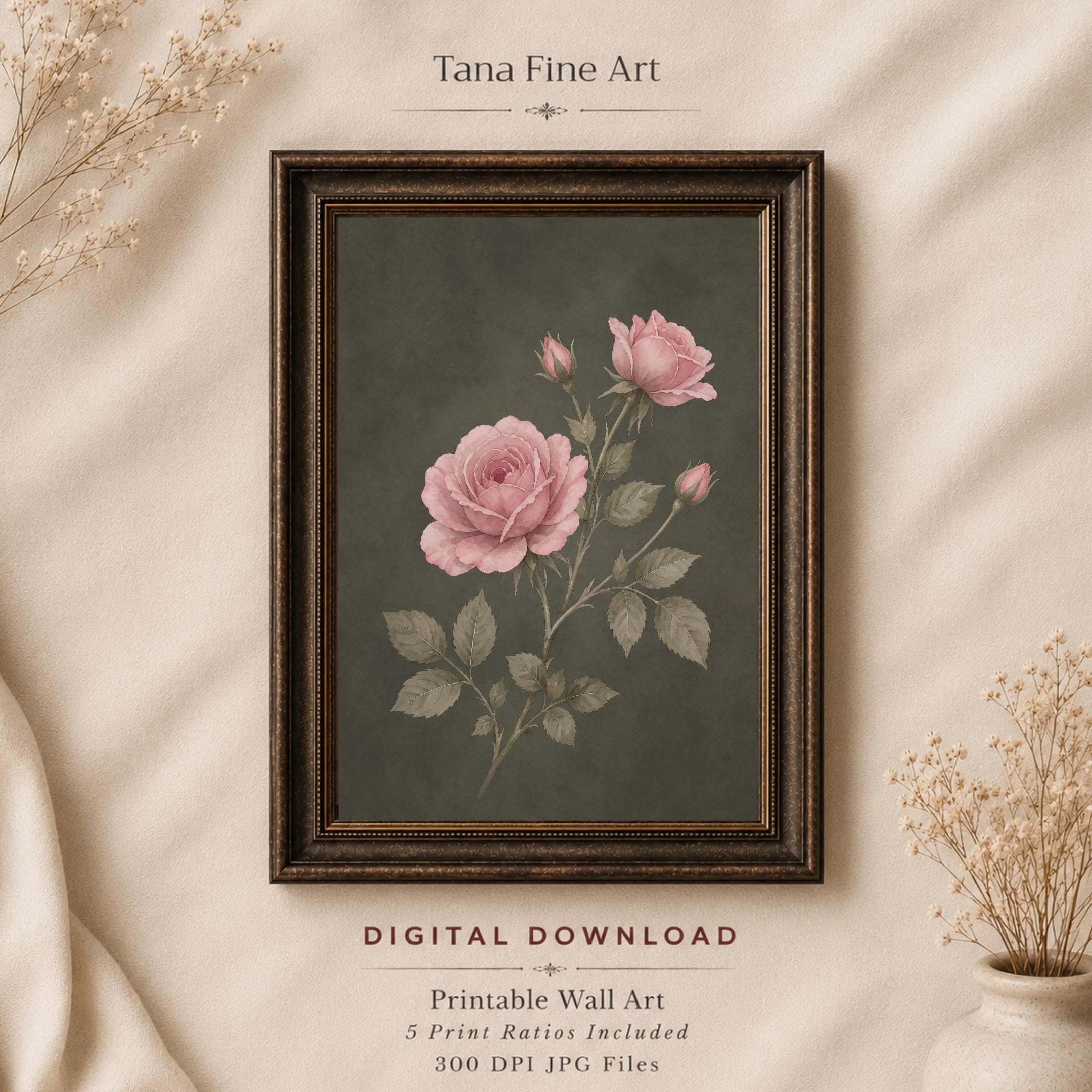 Moody June Birth Flower Print | Pink Rose Wall Art | Vintage Botanical Digital Download — image 5