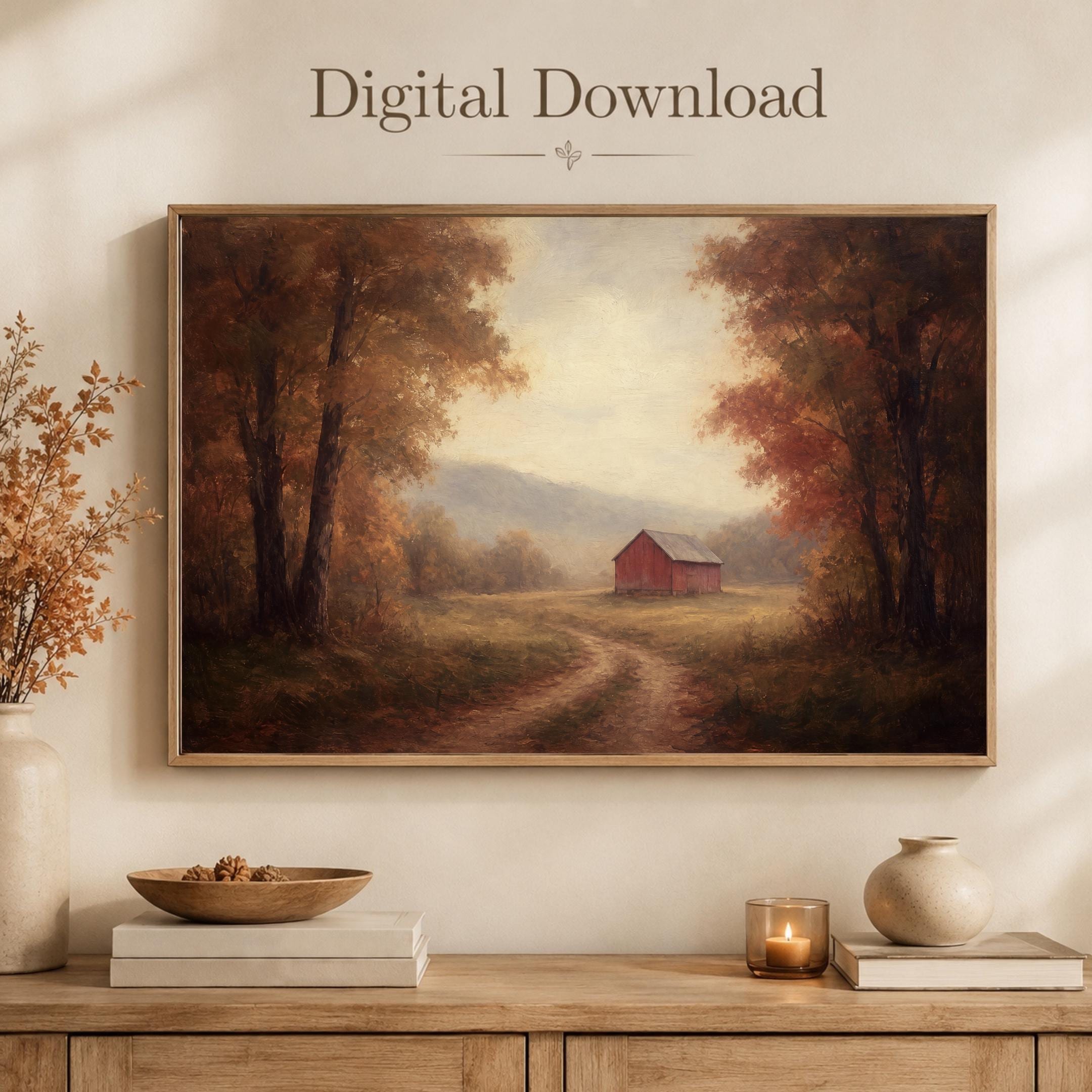 Moody Fall Barn Forest Landscape Wall Art | Vintage Autumn Print | Rustic Printable Digital Download