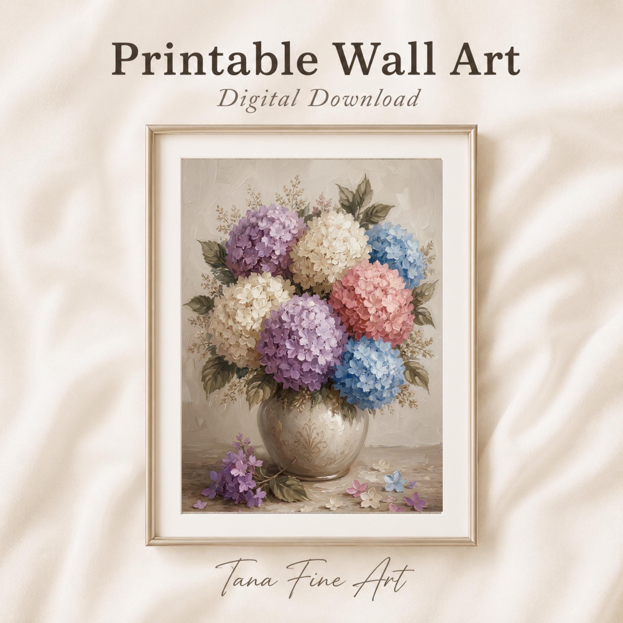 Pastel Hydrangea Wall Art, Colorful Floral Vase Print, Soft Cottage Bedroom Decor (Digital Download)