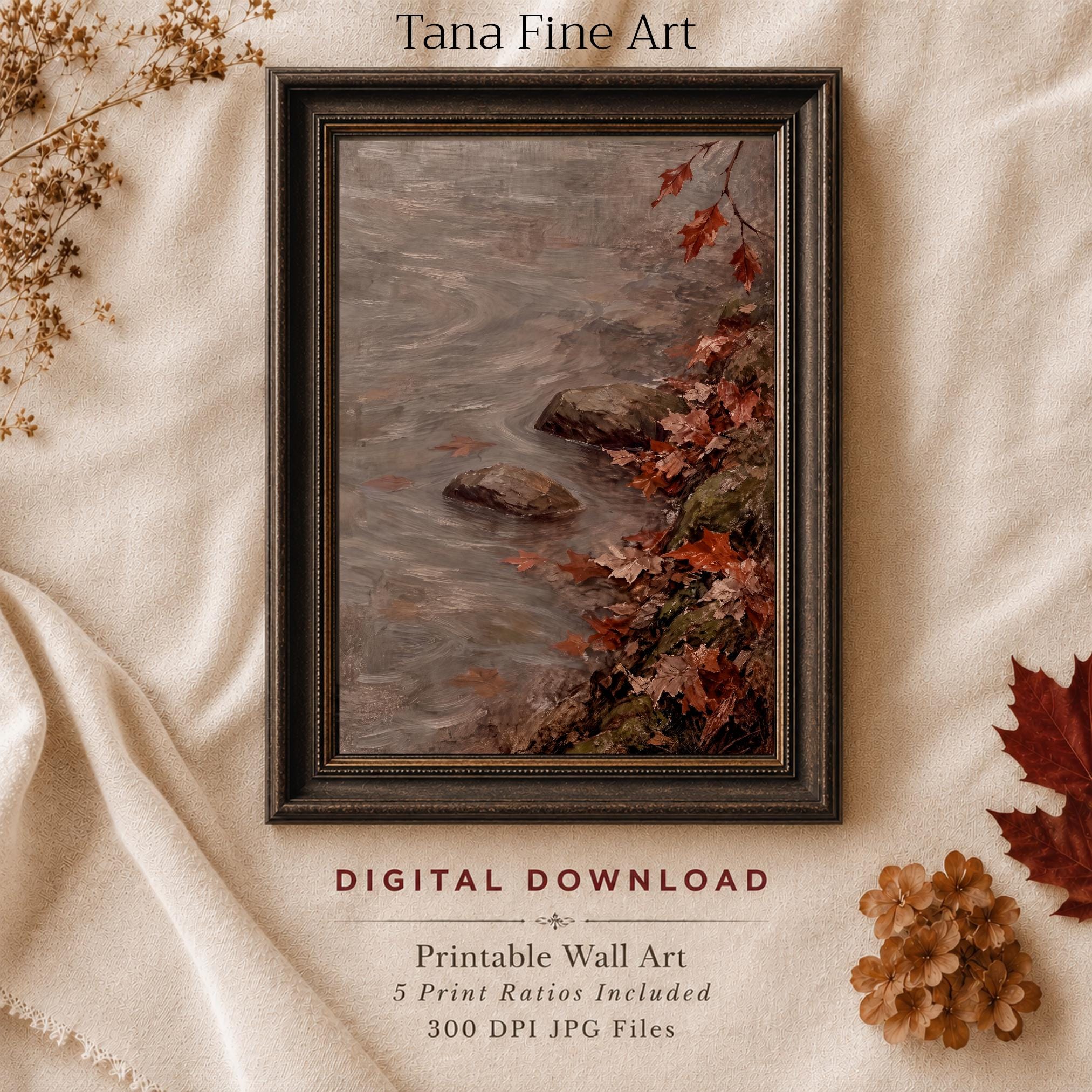 Vintage Autumn Stream Printable Wall Art, Fall Leaves Print, Cottagecore Decor Digital Download