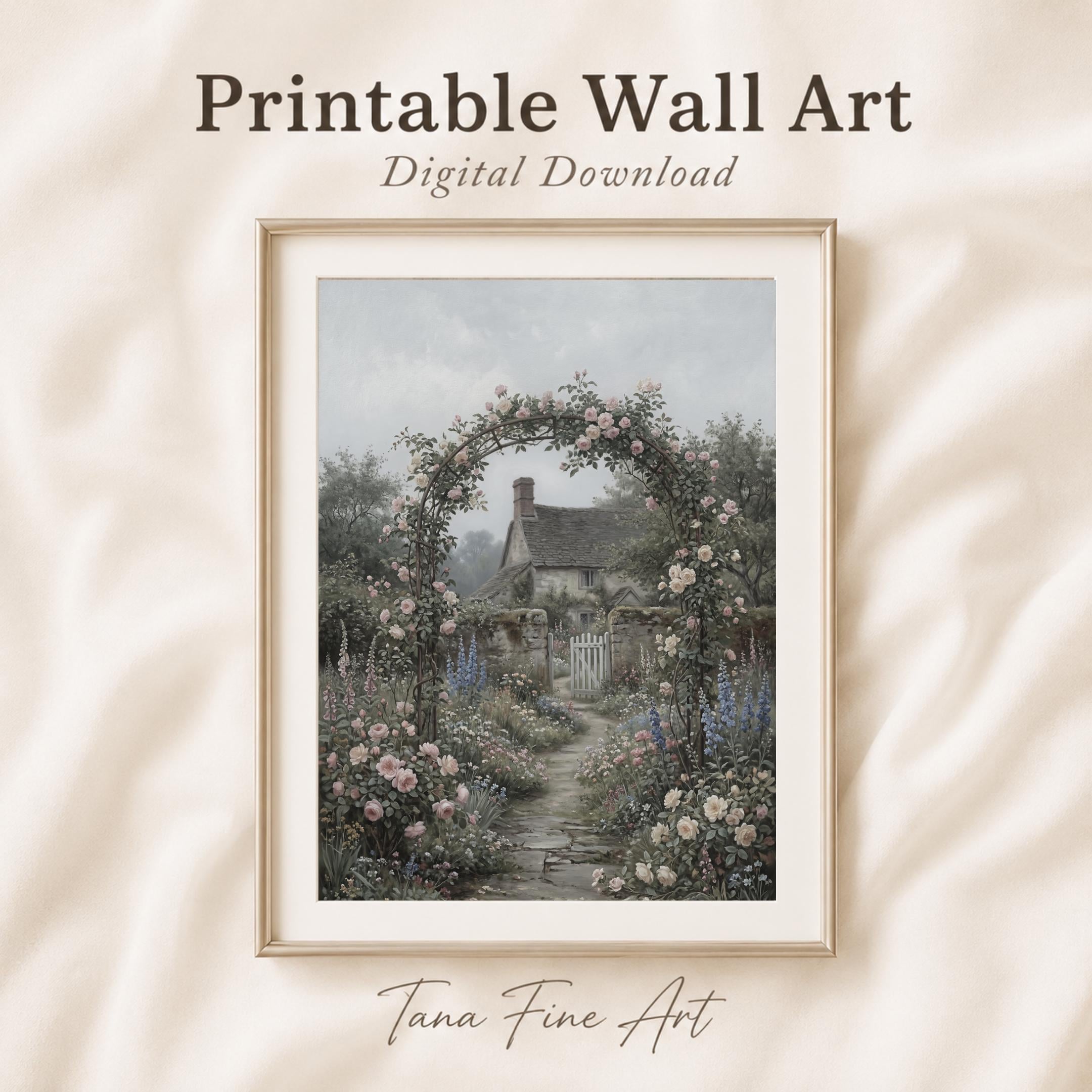 Secret Garden Cottage Printable Wall Art, Romantic Rose Arch Floral Cottagecore Decor Digital Download
