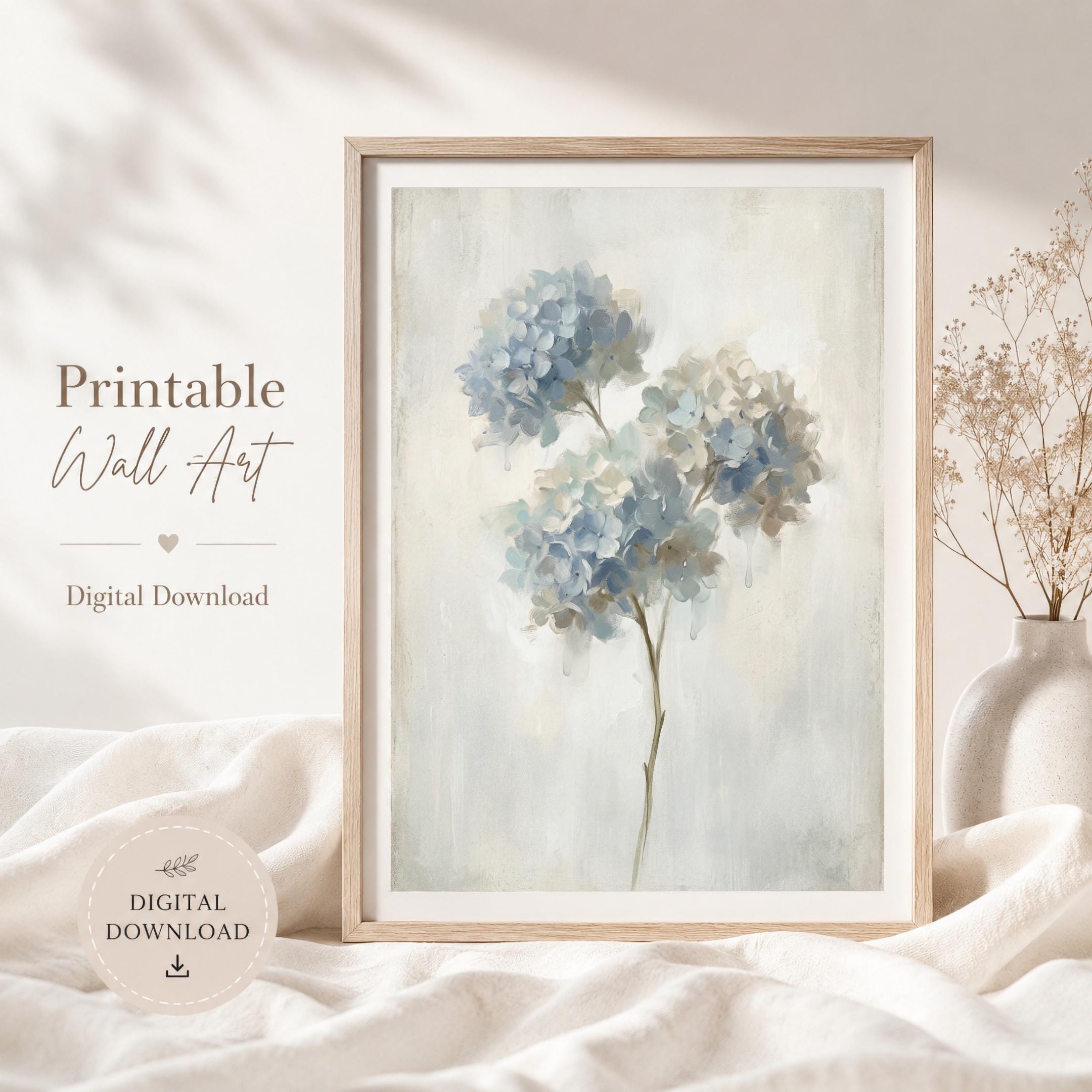 Rainy Blue Hydrangea Wall Art | Neutral Floral Botanical Decor (Digital Download) — image 8