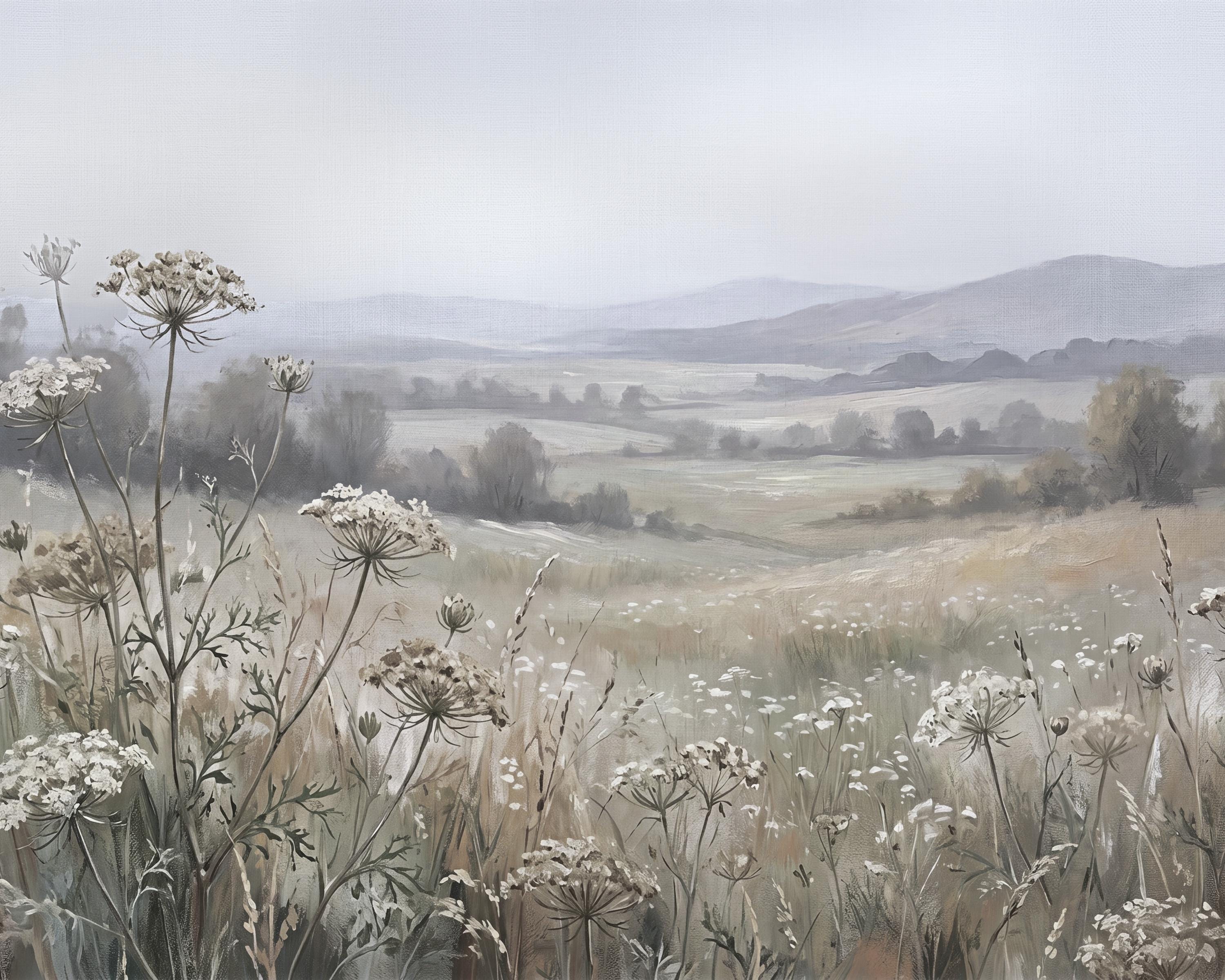 Floral Landscape Print, Neutral Wildflower Meadow Wall Art, Soft Cottage Nature Decor (Digital Download) — image 2