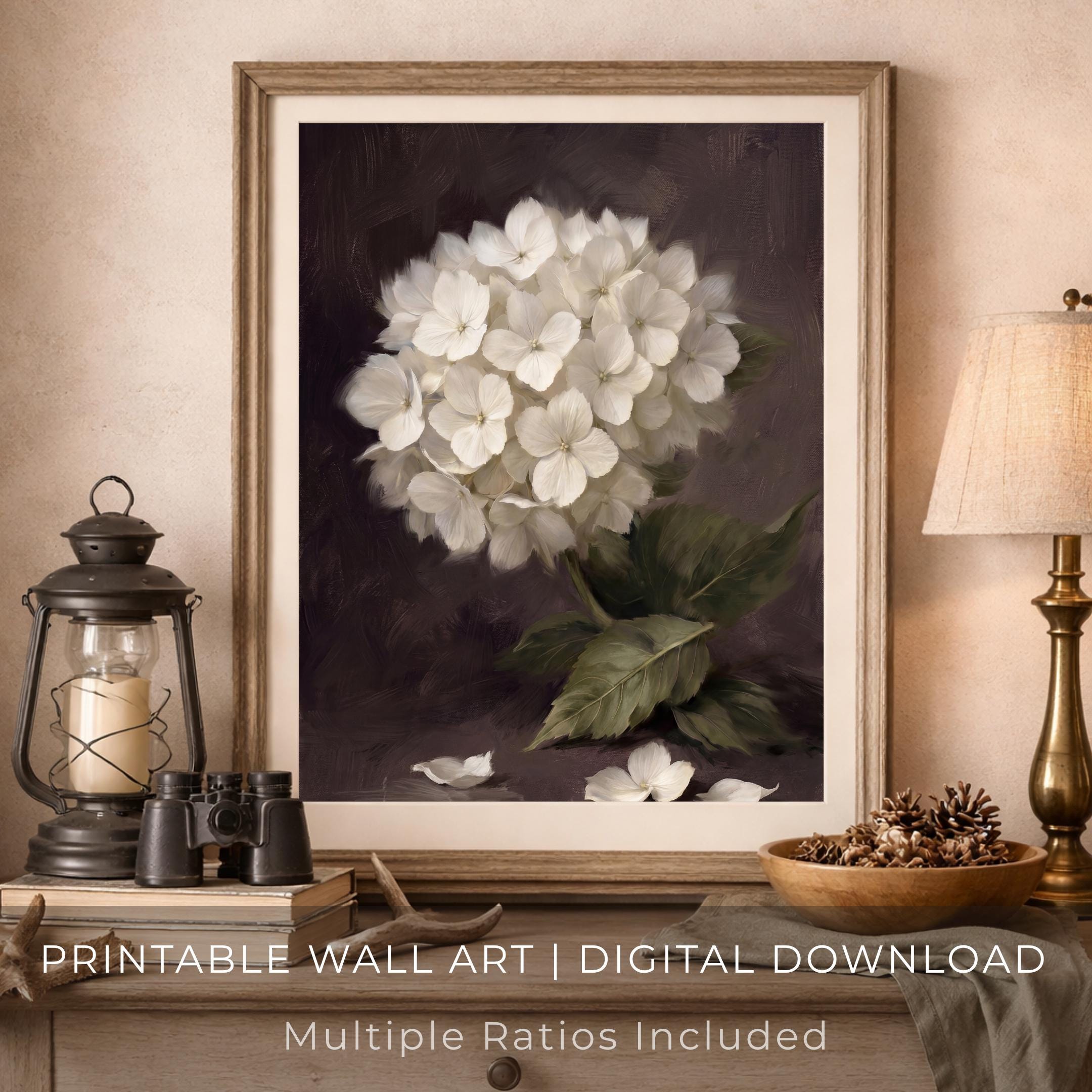 Moody Hydrangea Wall Art, White Floral Botanical Print, Dark Vintage Flower Decor (Digital Download) — image 5