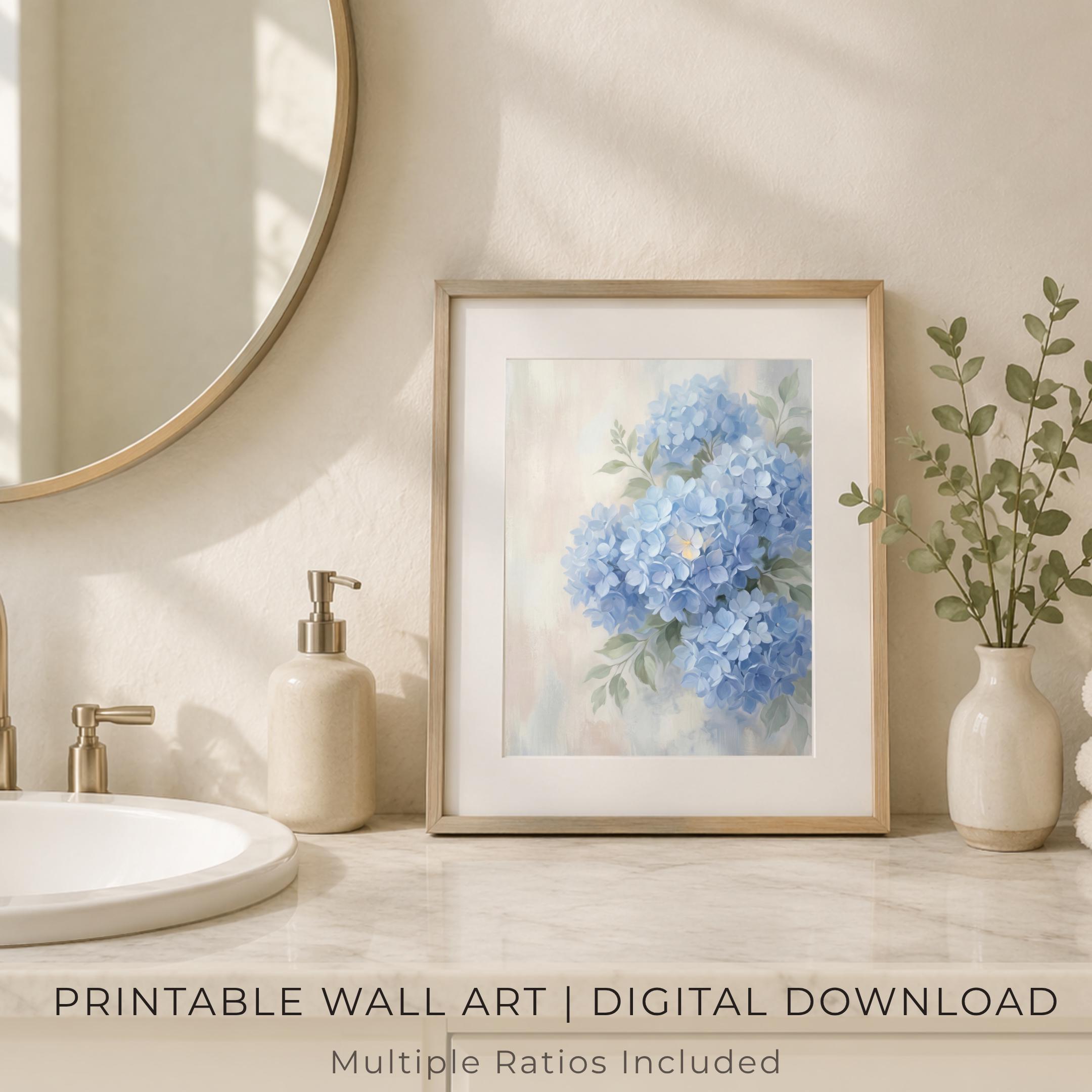 Watercolor Blue Hydrangea Art Print | Neutral Floral Wall Decor (Digital Download) — image 5