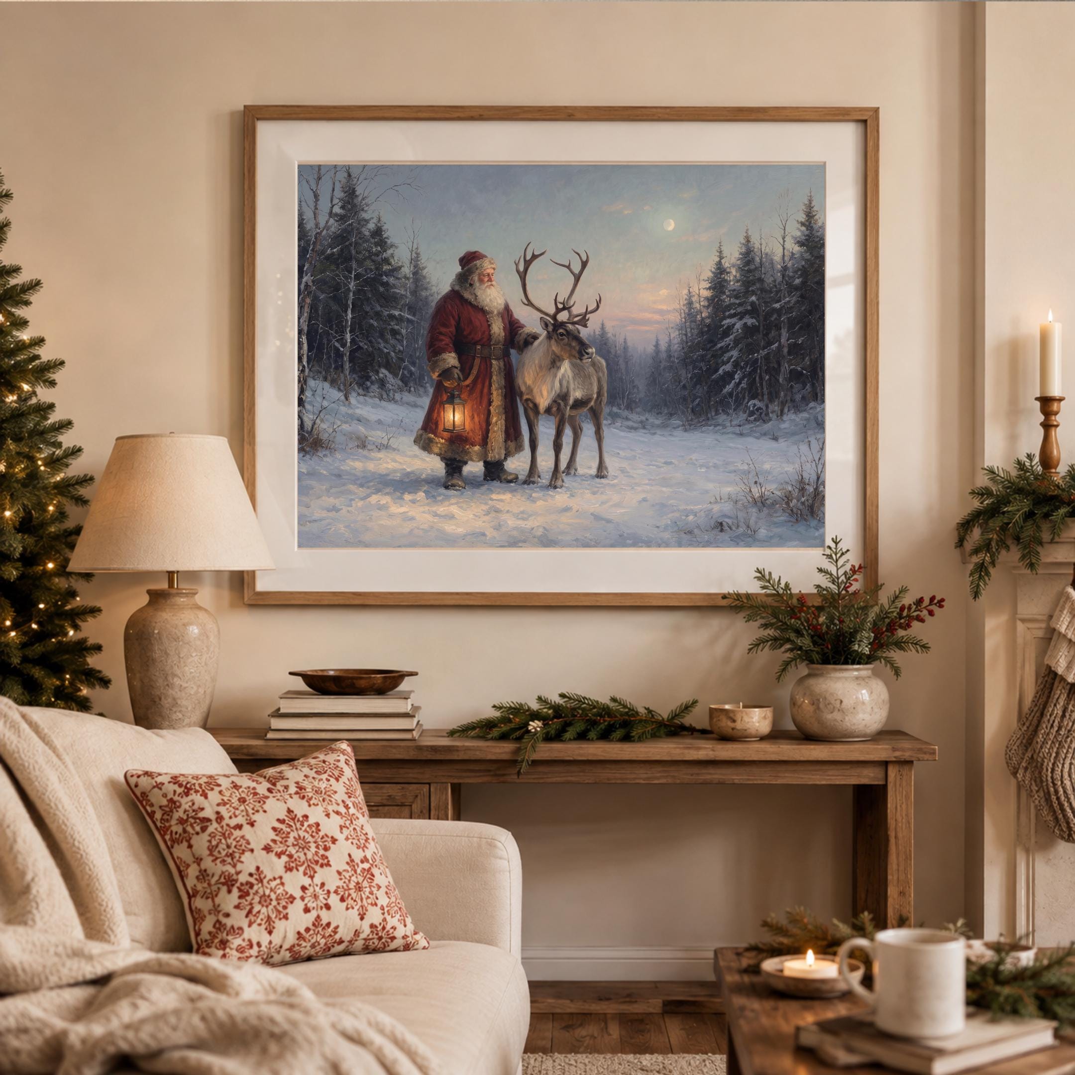 Vintage Santa Wall Art | Santa and Reindeer Christmas Print | Winter Landscape Printable Digital Download — image 3