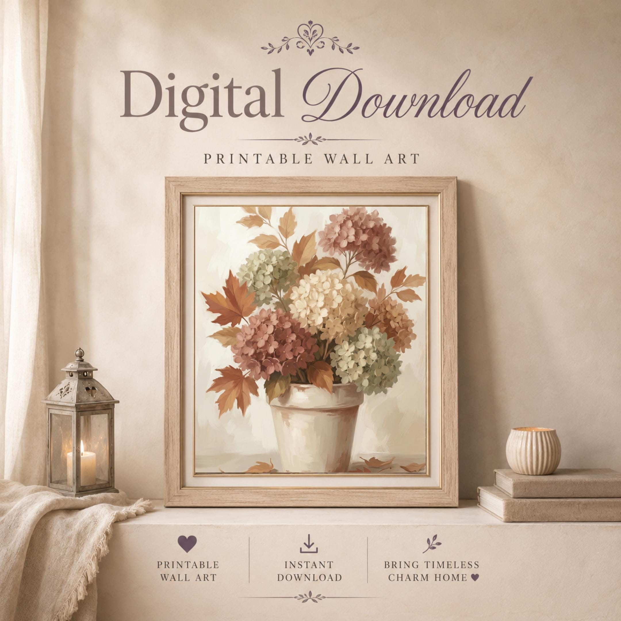Neutral Fall Hydrangea Vase Printable Wall Art, Rustic Autumn Botanical Home Decor Digital Download — image 5