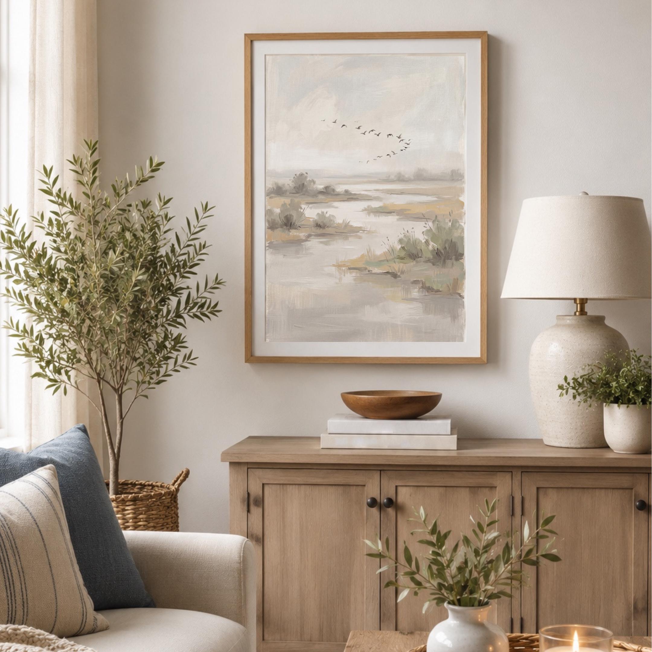 Countryside Lake Painting Printable | Flying Birds Marsh Landscape Print (Digital Download) — image 2