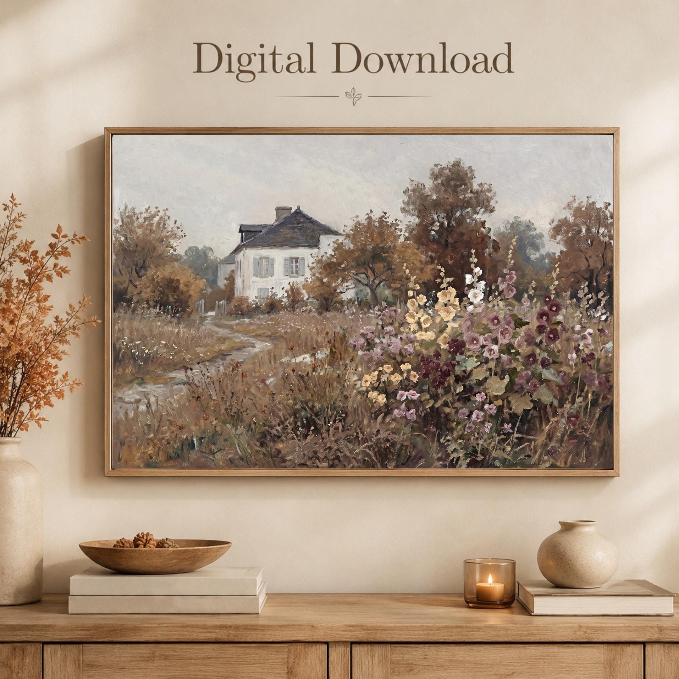 Vintage Fall Cottage Garden Wall Art, Moody Autumn, Garden path Painting (Digital Download) — image 5