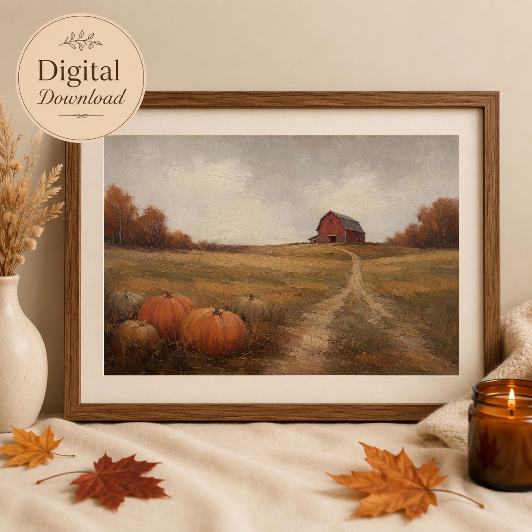 Pumpkin Patch Red Barn Printable Wall Art, Rustic Autumn Farmhouse, Digital Download Home Decor