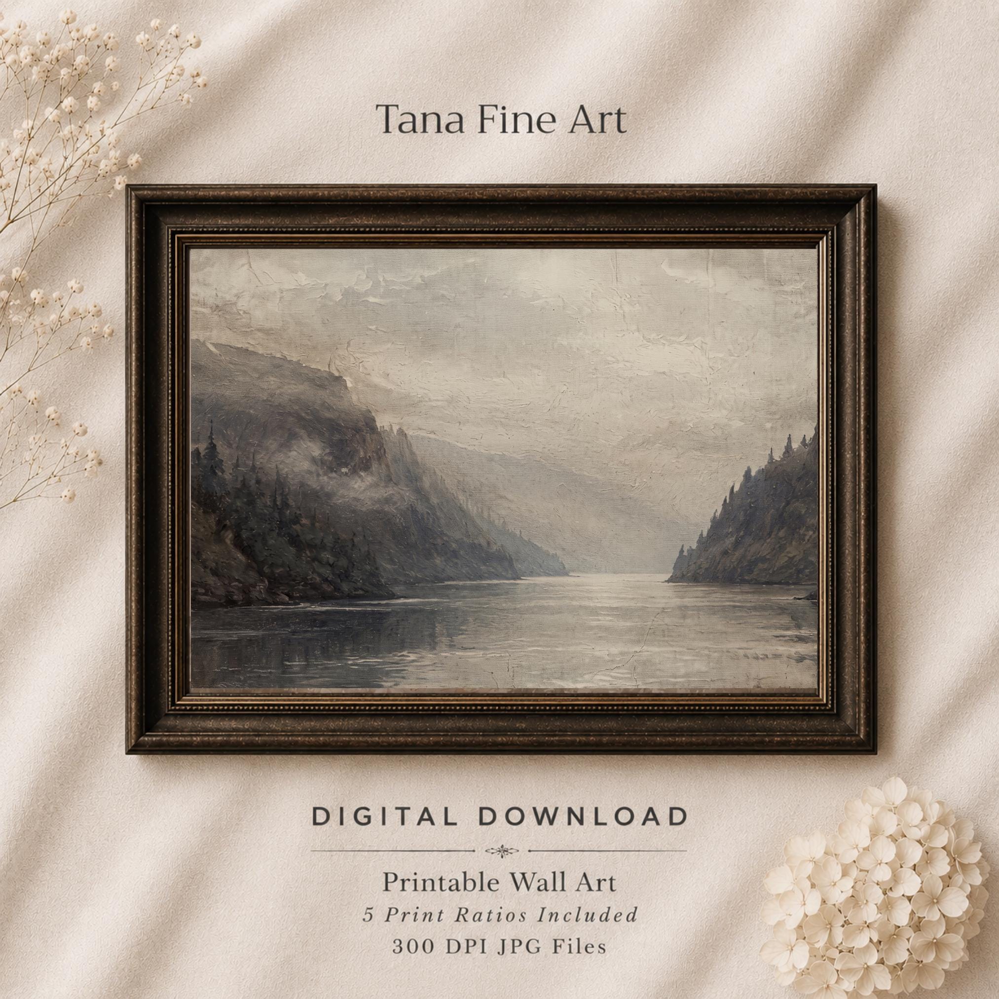Misty Mountain Lake Printable Wall Art, Neutral Alpine Valley Landscape, Cabin Decor Digital Download