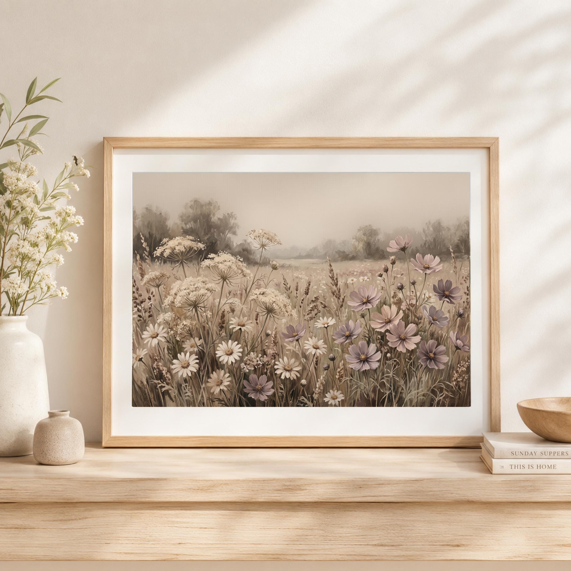 Neutral Floral Landscape Print, Wildflower Meadow Wall Art, Soft Cottage Prints (Digital Download) — image 10