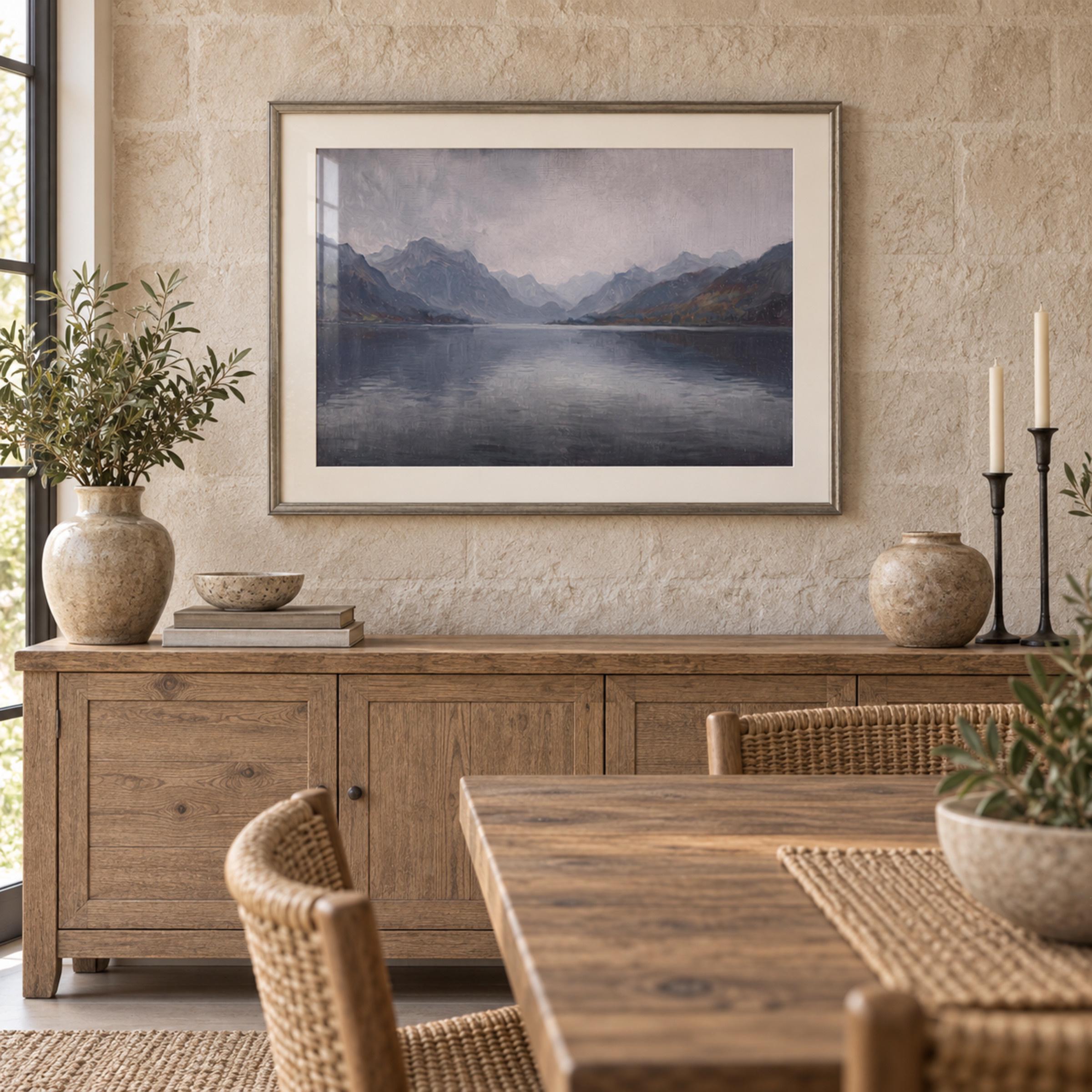Misty Mountain Lake Wall Art, Vintage Alpine Landscape, Moody Blue Gray Decor, Digital Download — image 6