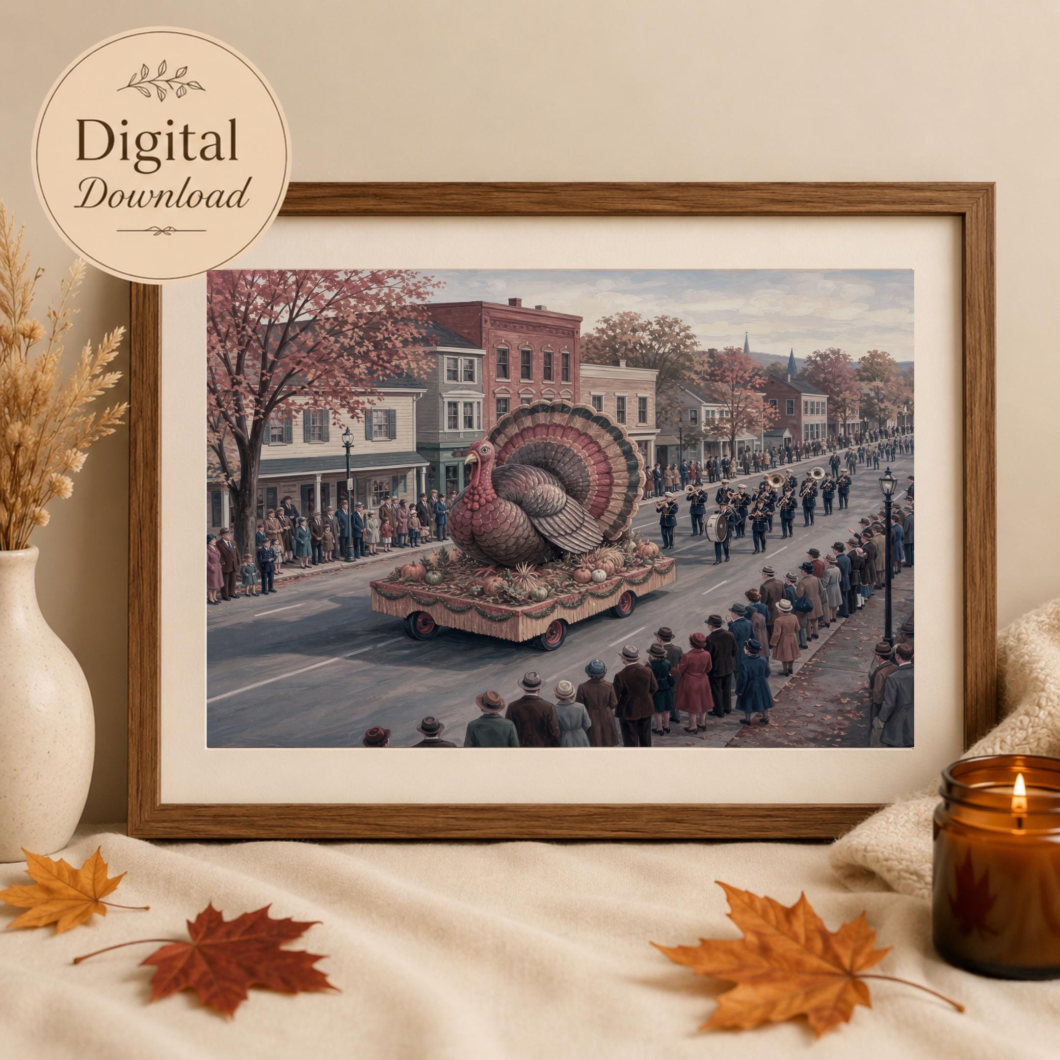Vintage Thanksgiving Turkey Parade Printable Wall Art, Autumn Festival Digital Download, Home Decor Poster