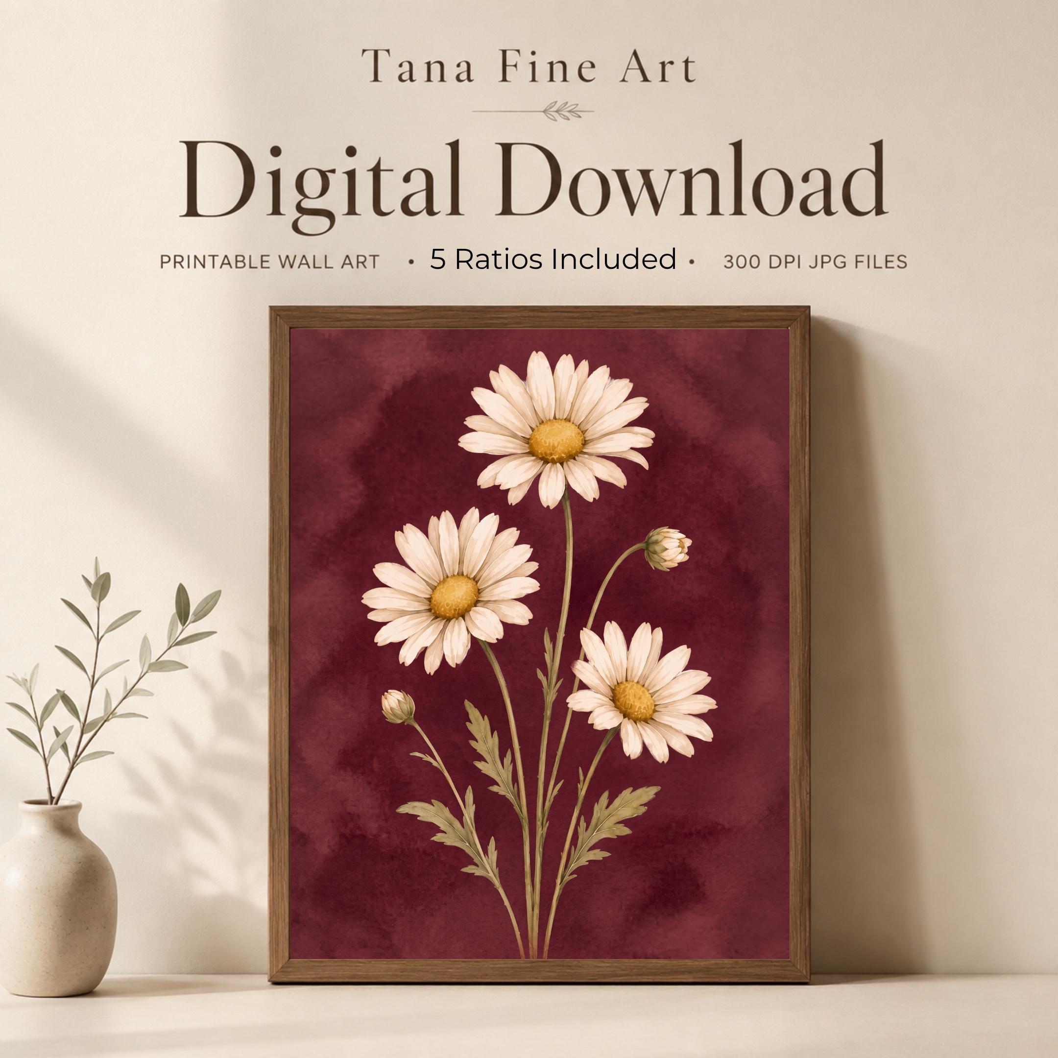 Moody April Birth Flower Print | Daisy Wall Art | Vintage Botanical Digital Download