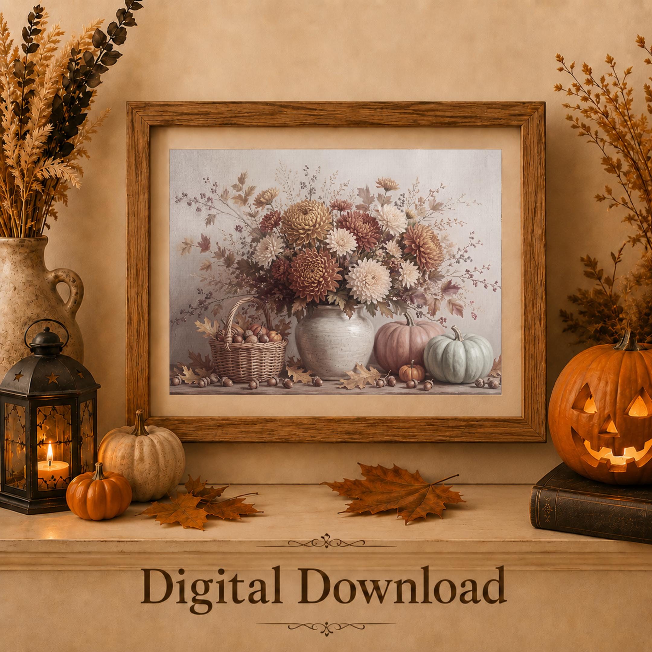 Chrysanthemum Pumpkin Still Life | Fall Floral Wall Art | Rustic Printable Digital Download Decor — image 5