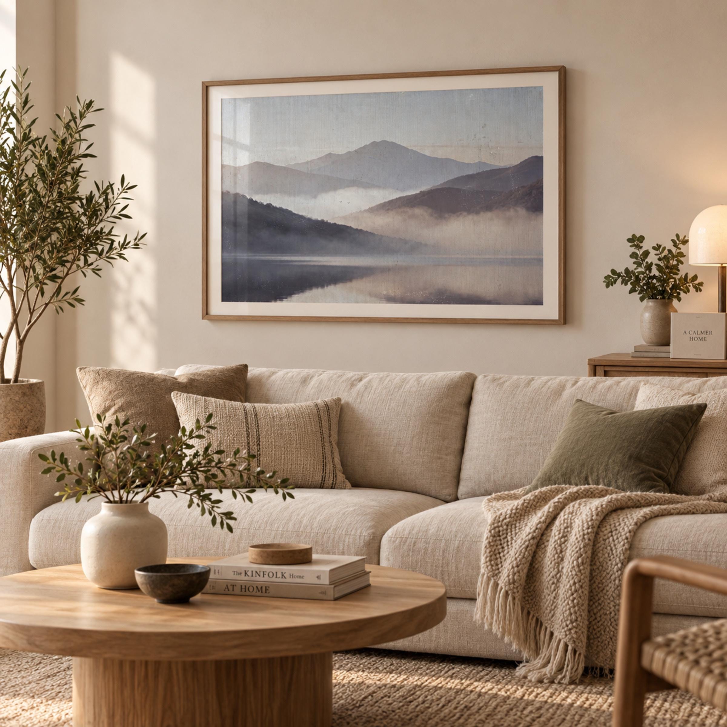 Misty Mountain Lake Printable Wall Art, Moody Neutral Landscape, Serene Bedroom Decor Digital Download — image 3