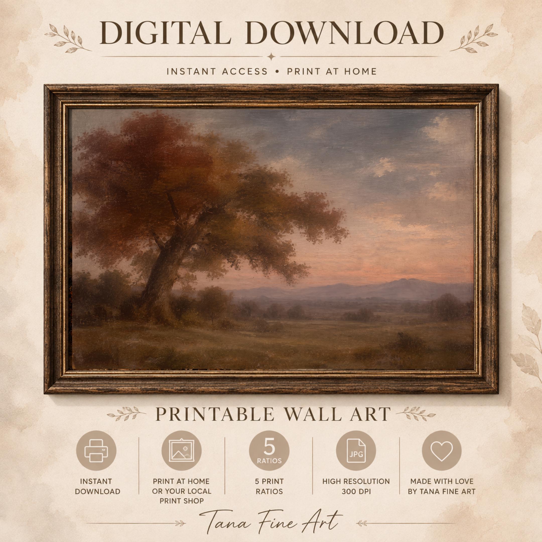 Vintage Autumn Tree Wall Art, Sunset Countryside Landscape, Warm Earthy Rustic Farmhouse, Digital Download — image 8