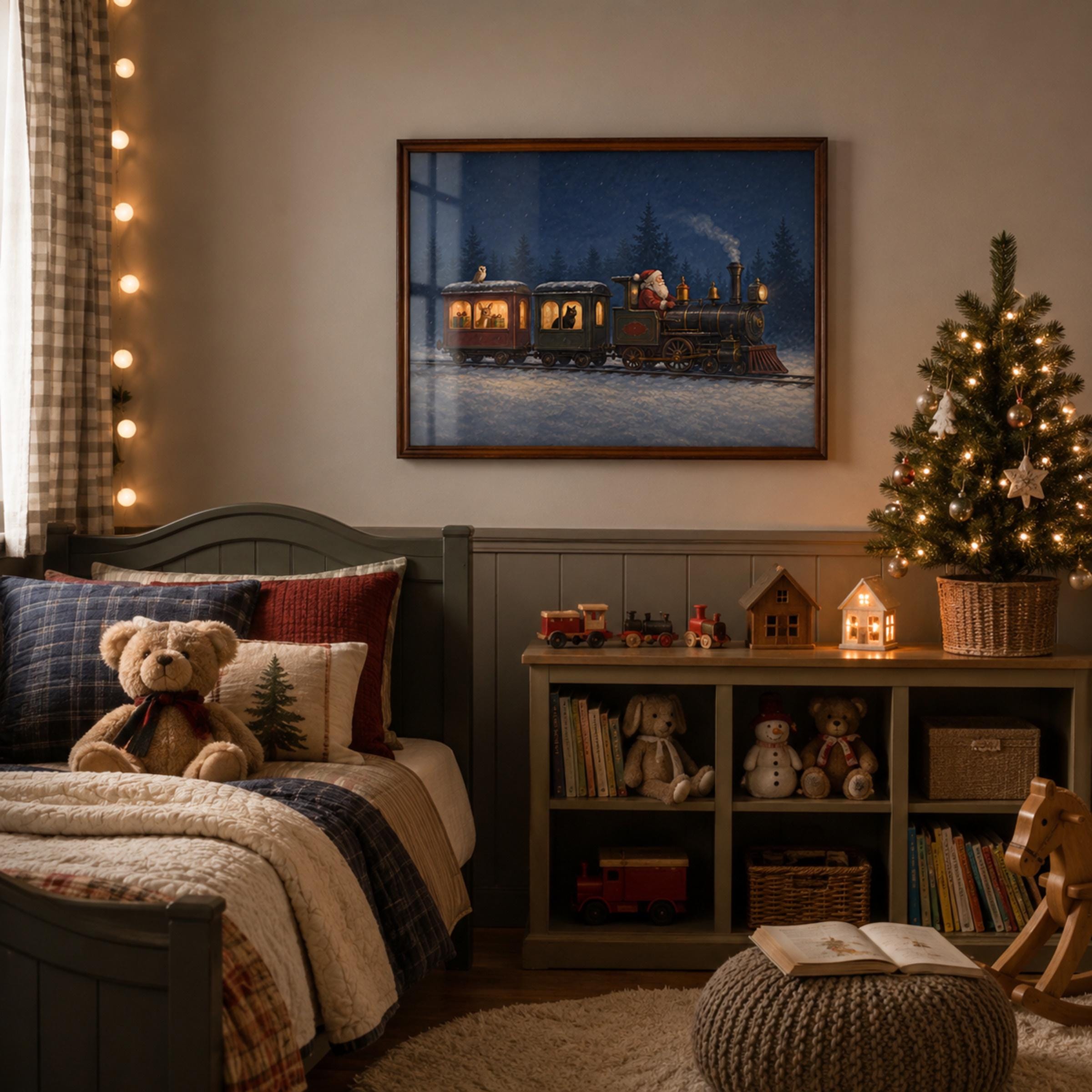 Vintage Santa Christmas Train Printable Wall Art, Snowy Woodland Digital Download — image 3