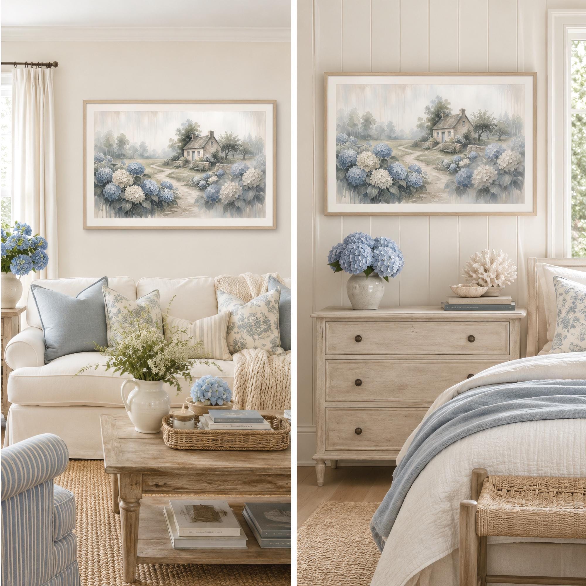 Hydrangea Cottage Garden Art Print, Misty Blue floral Landscape (Digital Download) — image 4