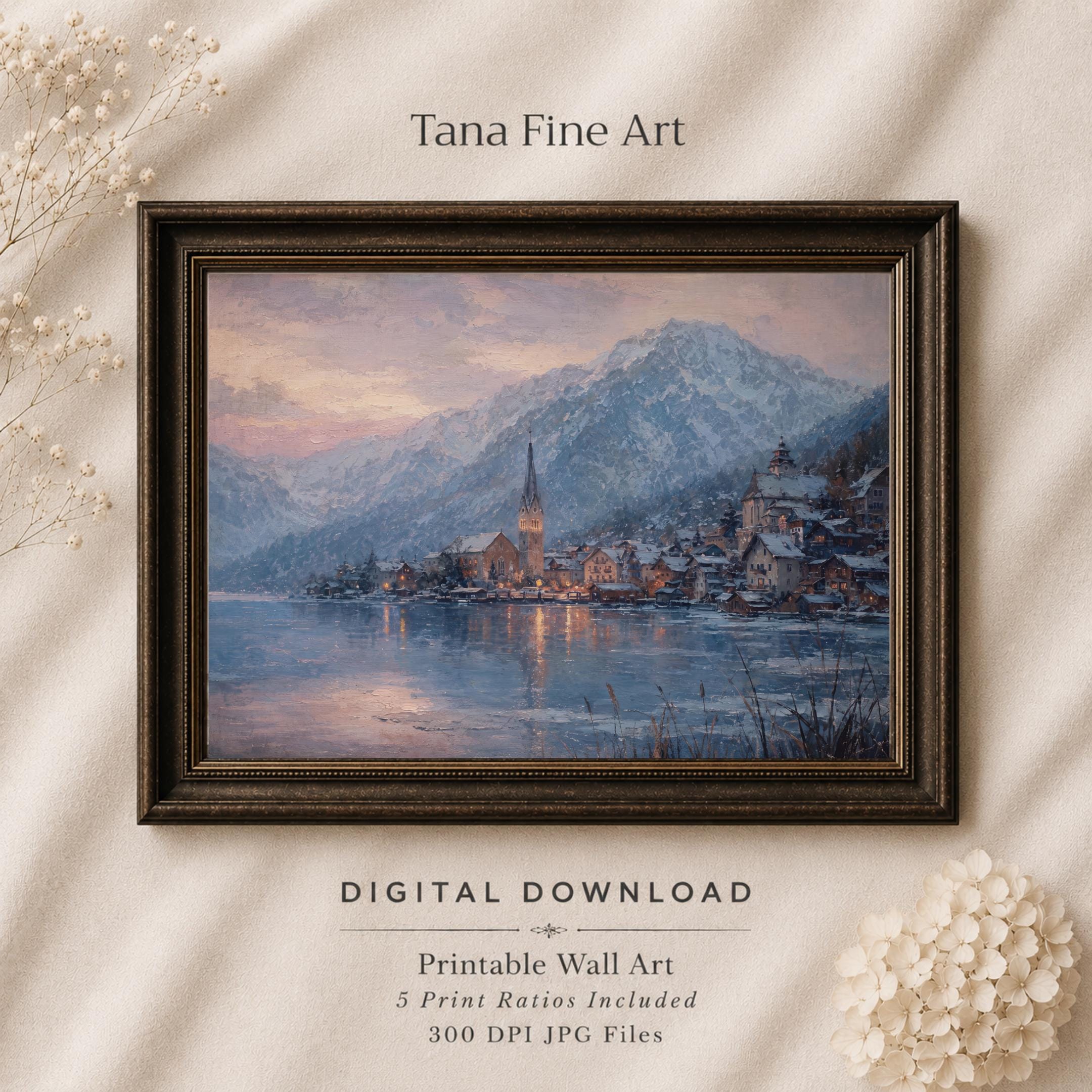 Hallstatt-Inspired Lake at a Pink Winter Horizon