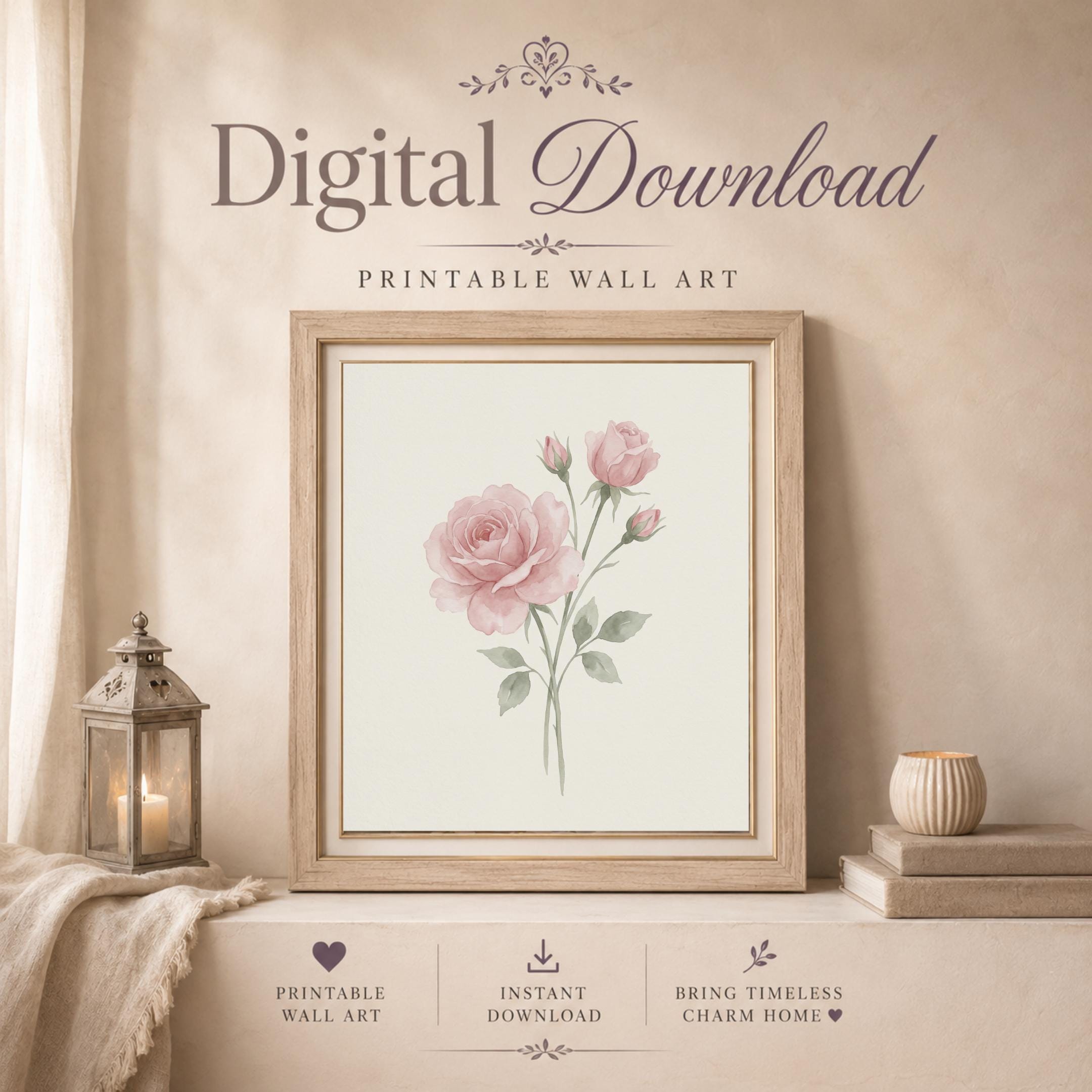 June Birth Flower Print, Pink Rose Botanical Watercolor Art (Digital Download) — image 6
