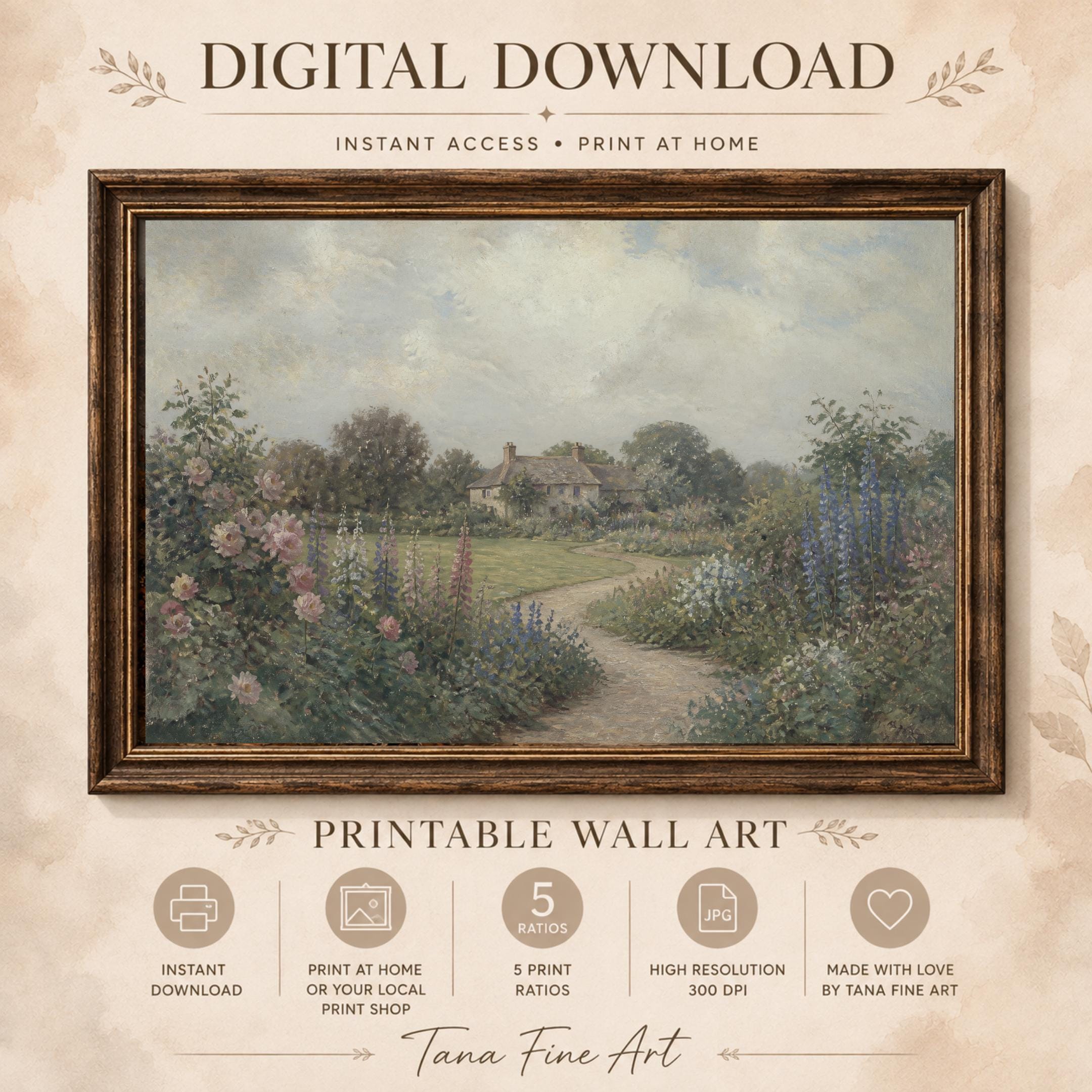 English Cottage Garden Printable Wall Art, Vintage Flower Path Landscape, Romantic Grandmillennial Digital Download — image 10