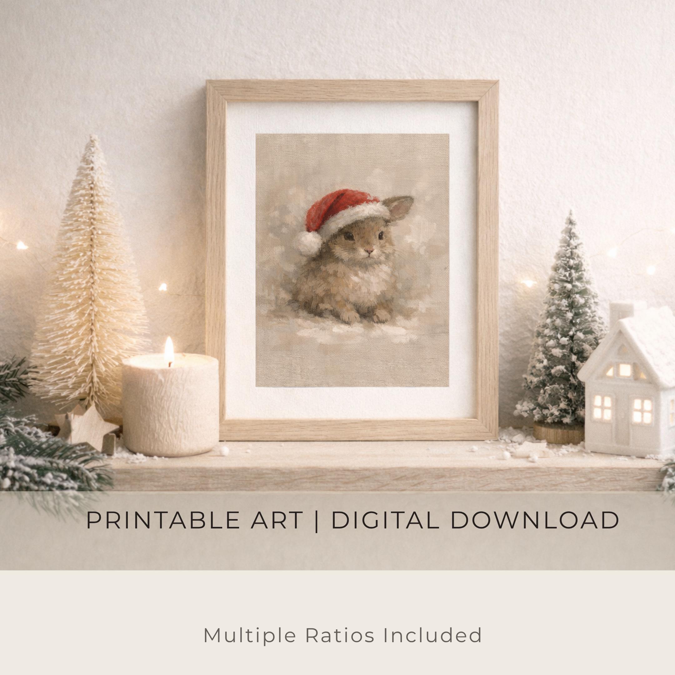 Christmas Bunny Art Print | Santa Hat Rabbit Shelf Decor (Digital Download)