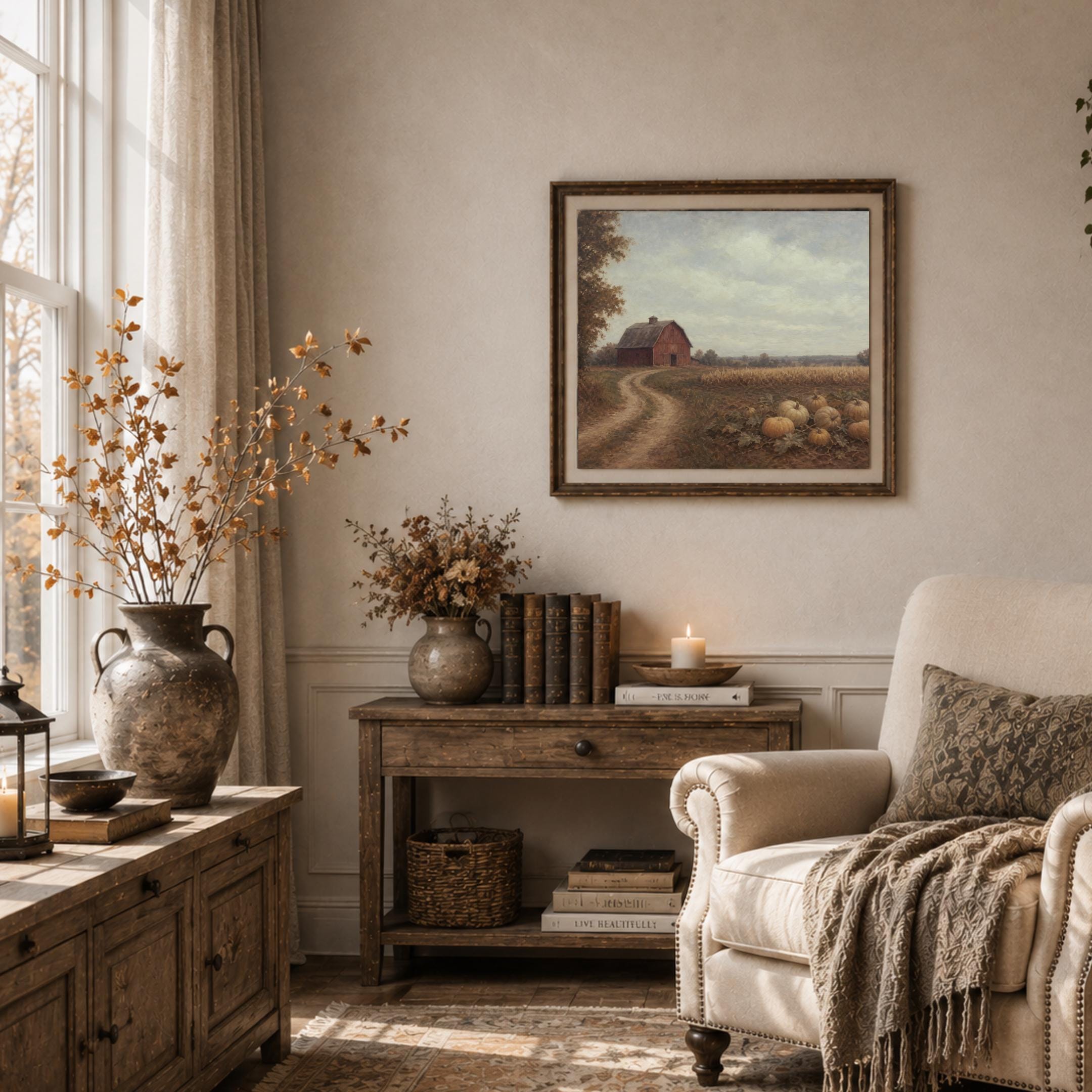 Pumpkin Farm Wall Art | Rustic Barn Landscape Print | Fall Printable Digital Download — image 6