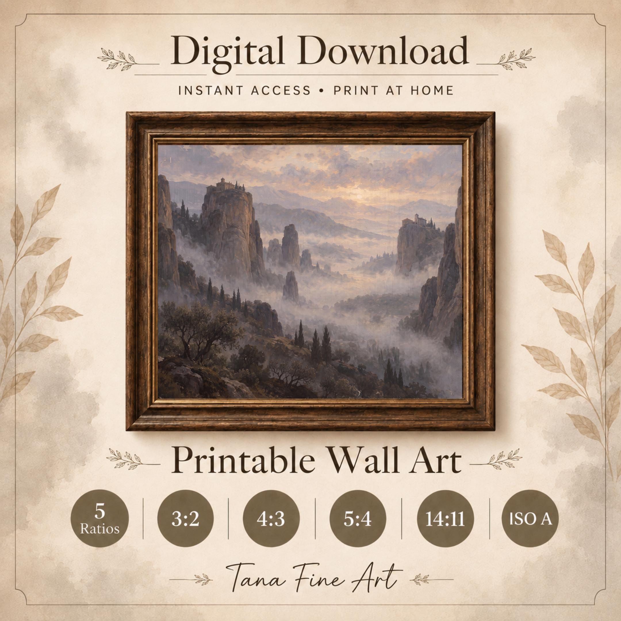 Vintage Misty Mountain Wall Art, Cliffside Monastery Landscape, Ethereal Valley, Rustic Mediterranean Digital Download — image 6