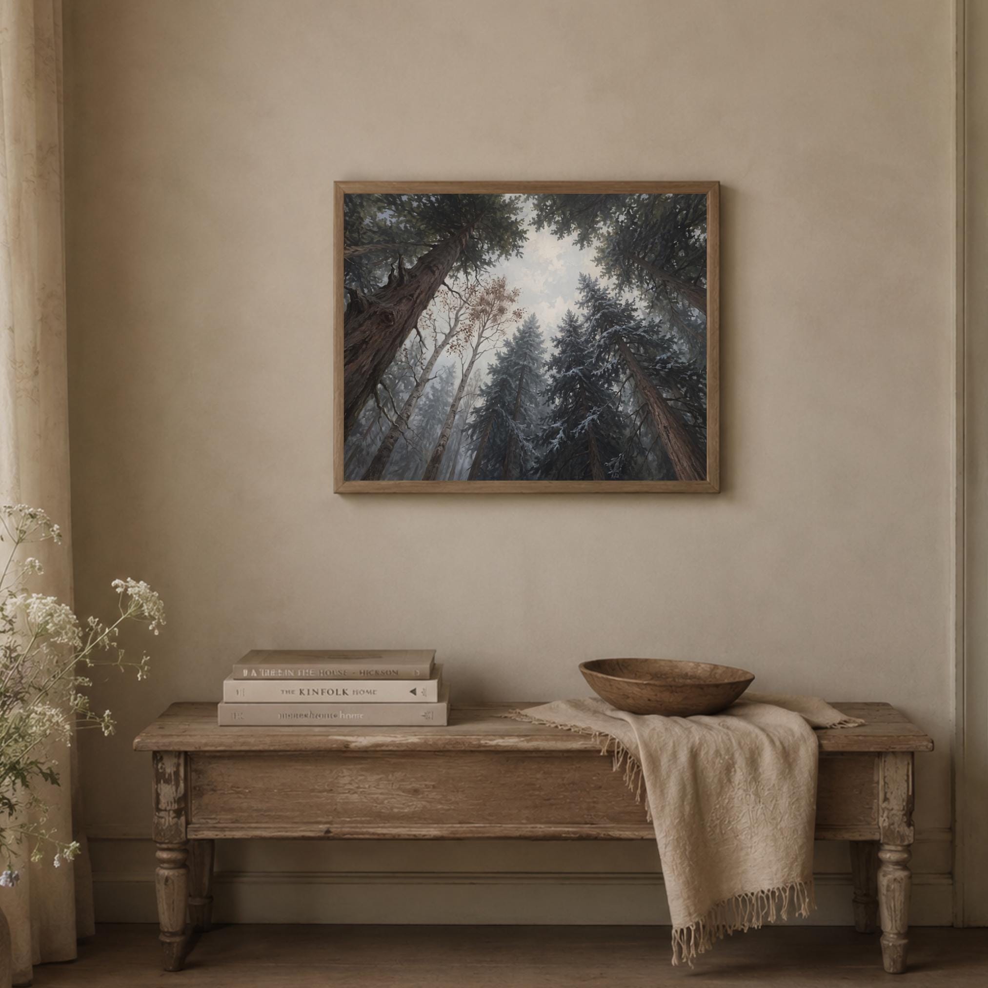 Snowy Pine Forest Canopy Wall Art, Moody Woodland Landscape, Rustic Cabin Decor Digital Download — image 5