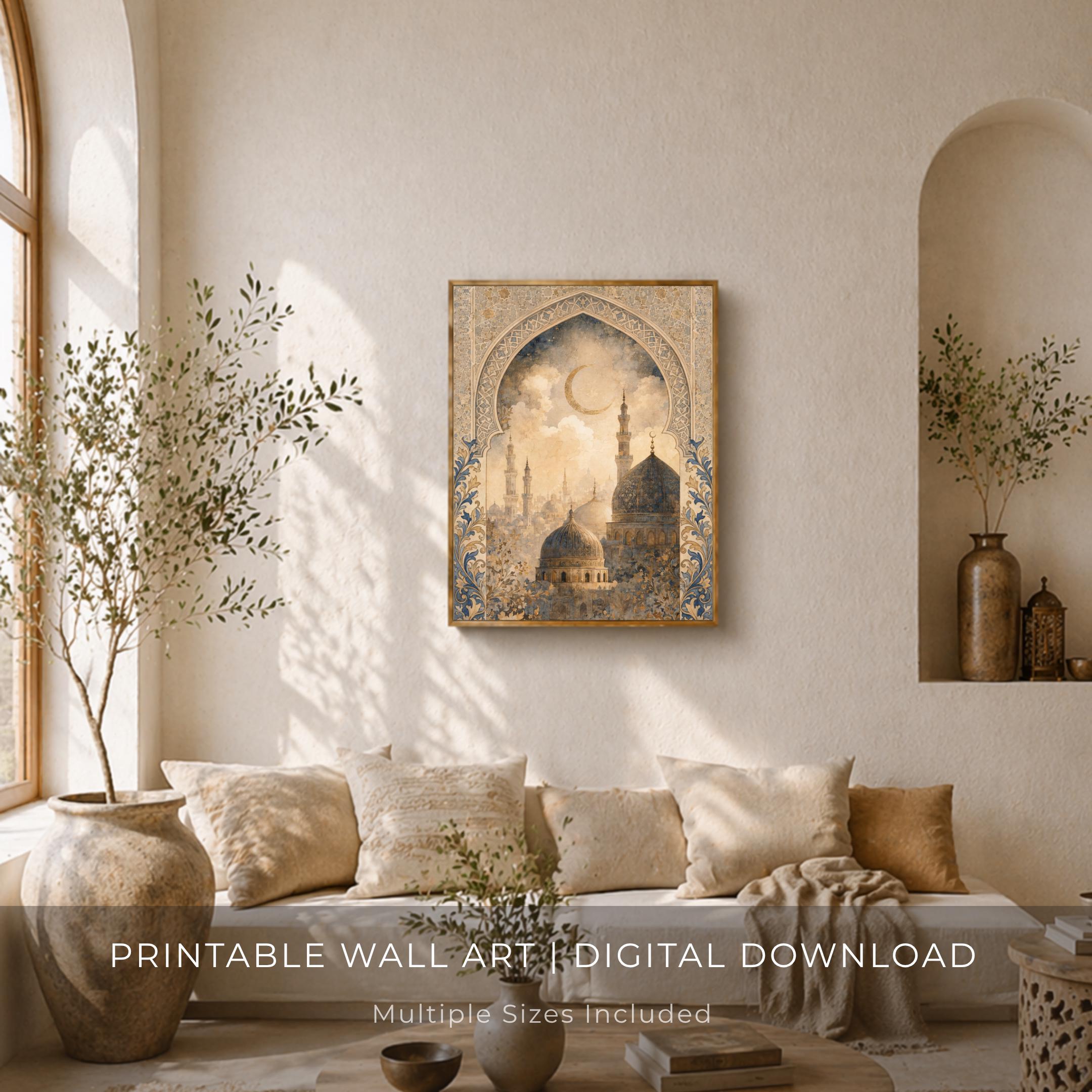 Islamic Architecture Printable Wall Art, Blue Gold Mosque and Crescent Moon Digital Download — image 3