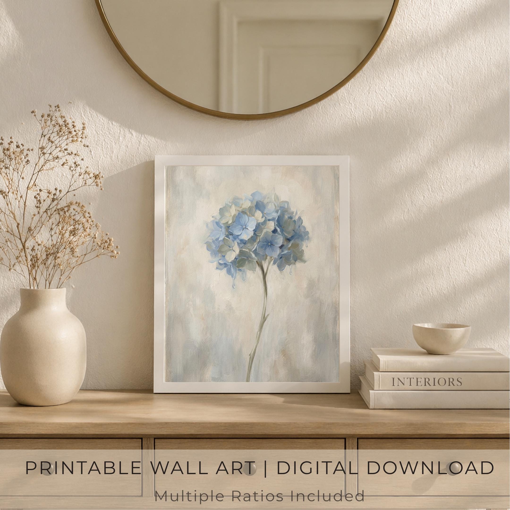 Soft Painting Blue Hydrangea Wall Art | Neutral Floral Print  (Digital Download) — image 9