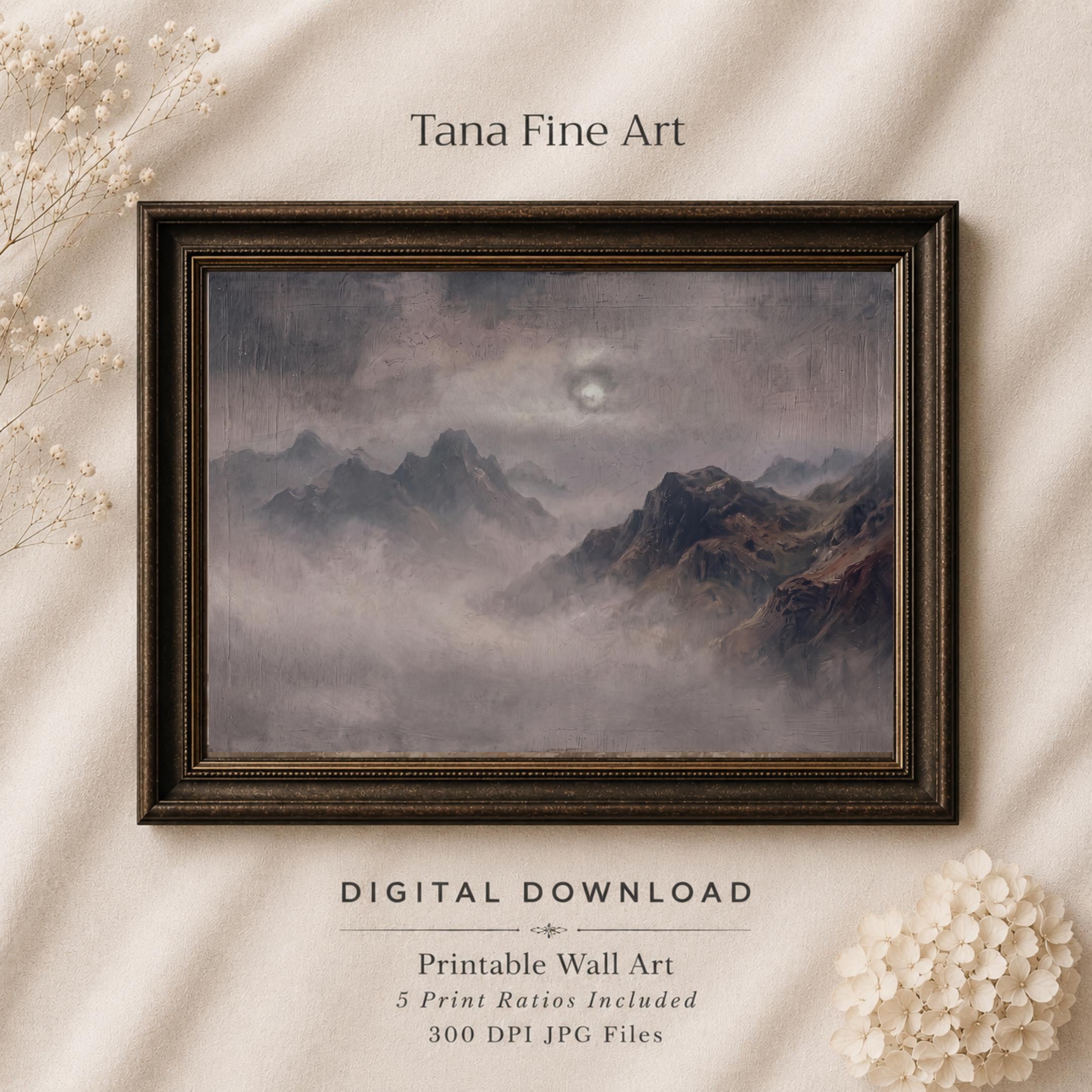 Moody Mountain Wall Art, Vintage Misty Landscape, Dark Academia Decor, Rustic Alpine Digital Download