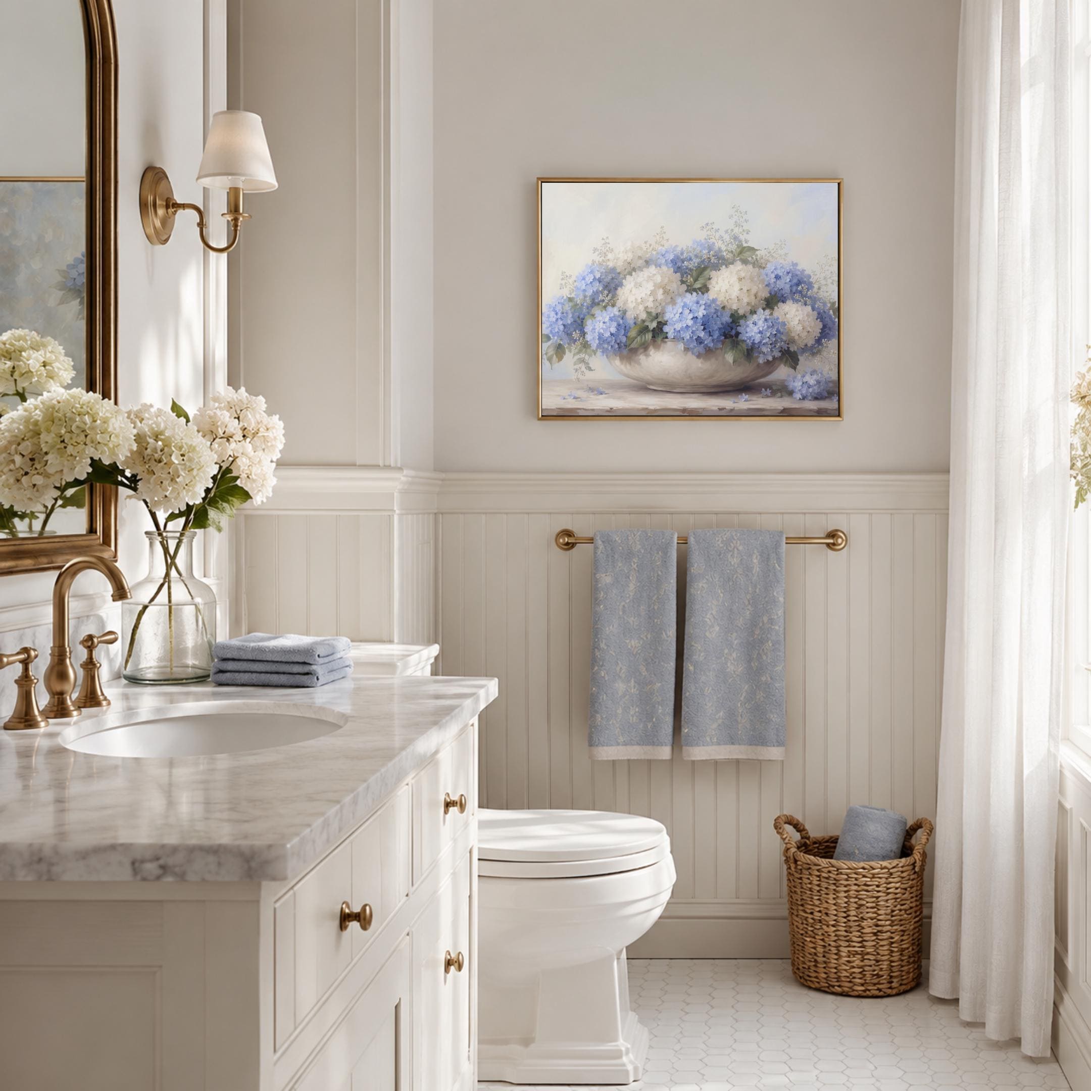 Blue Hydrangea Wall Art, Coastal Summer Neutral Floral Prints in Low Bowl (Digital Download) — image 6