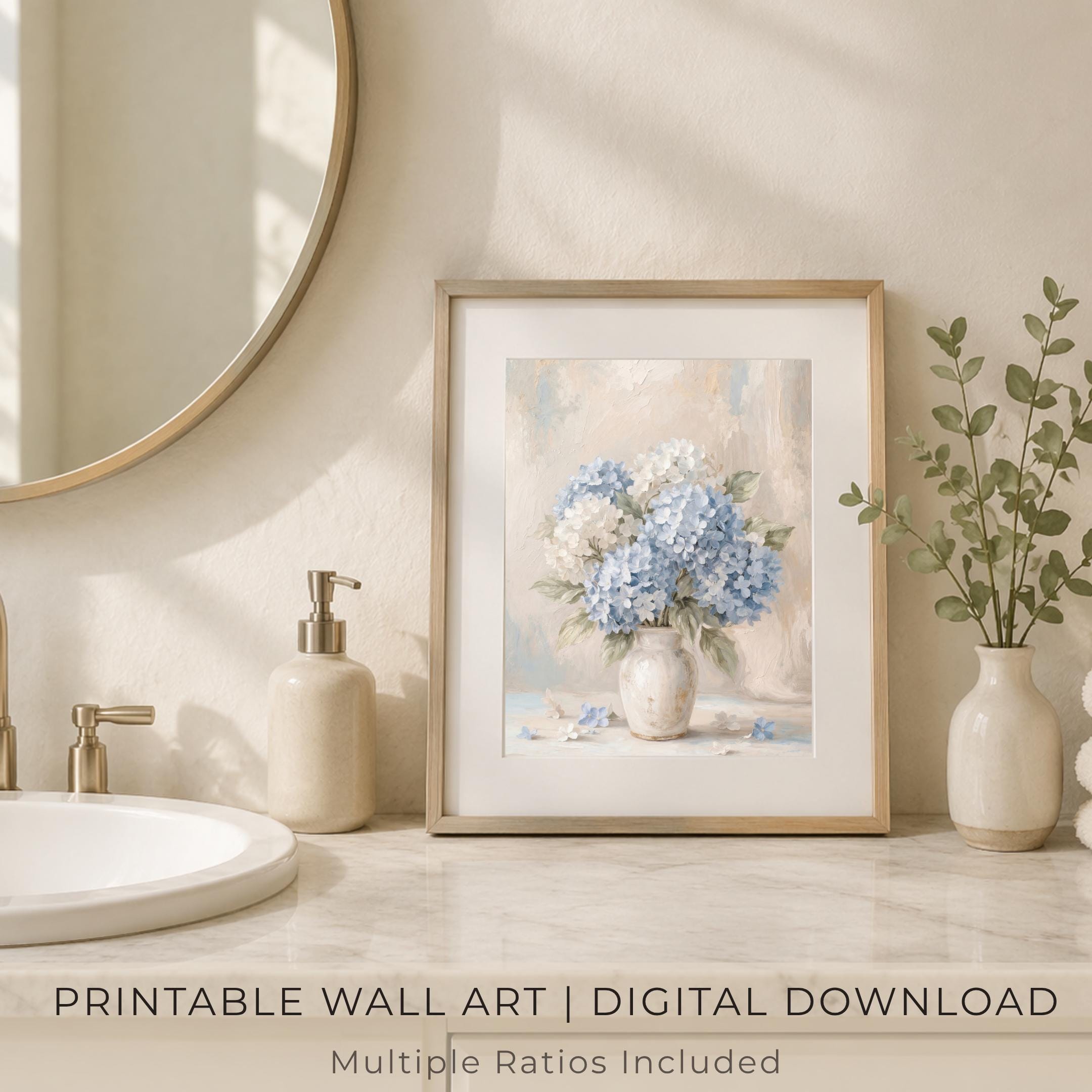Blue Hydrangea Wall Art Printable, Neutral Floral Prints (Digital Download) — image 6