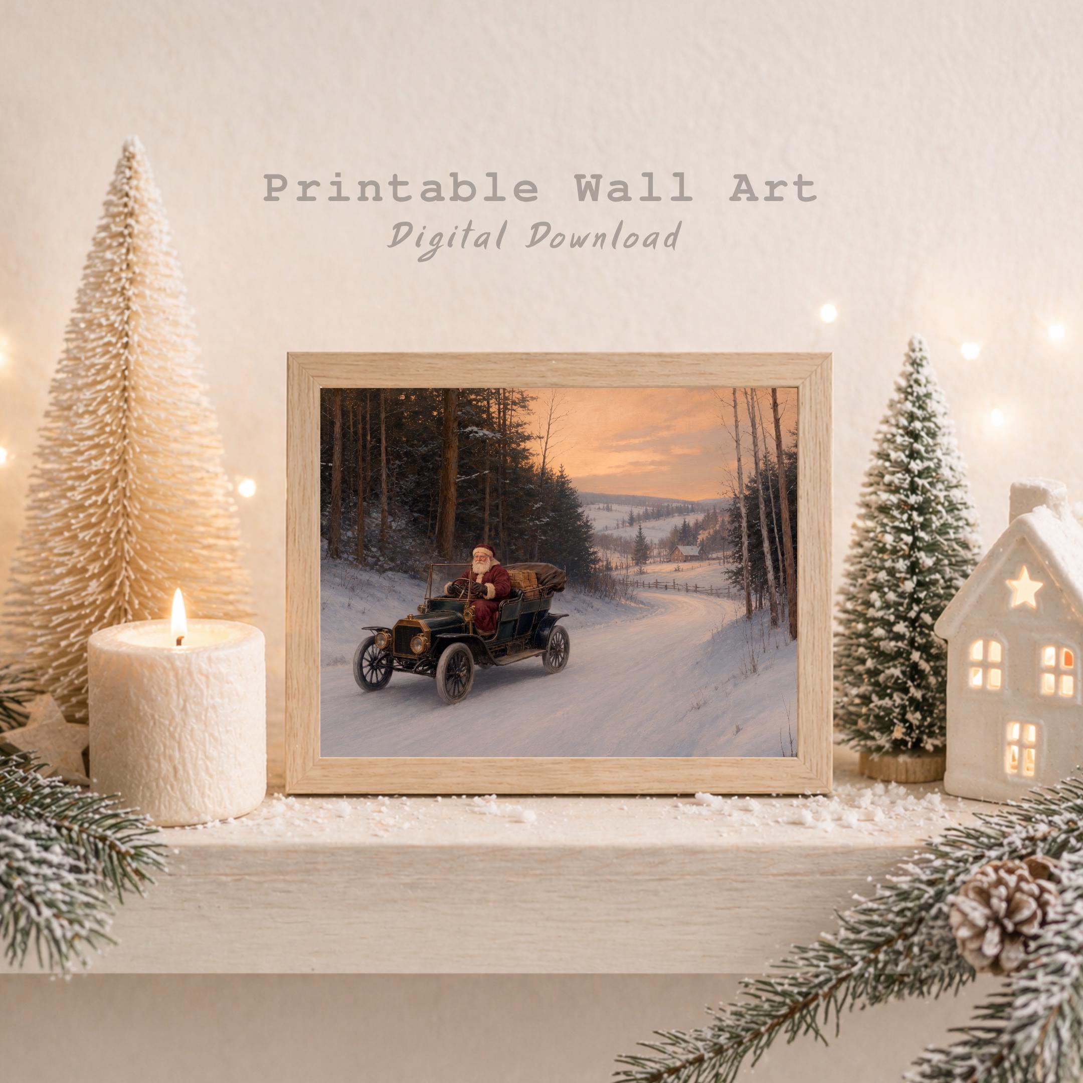 Vintage Santa Driving Car Printable Wall Art, Nostalgic Christmas Digital Download — image 8