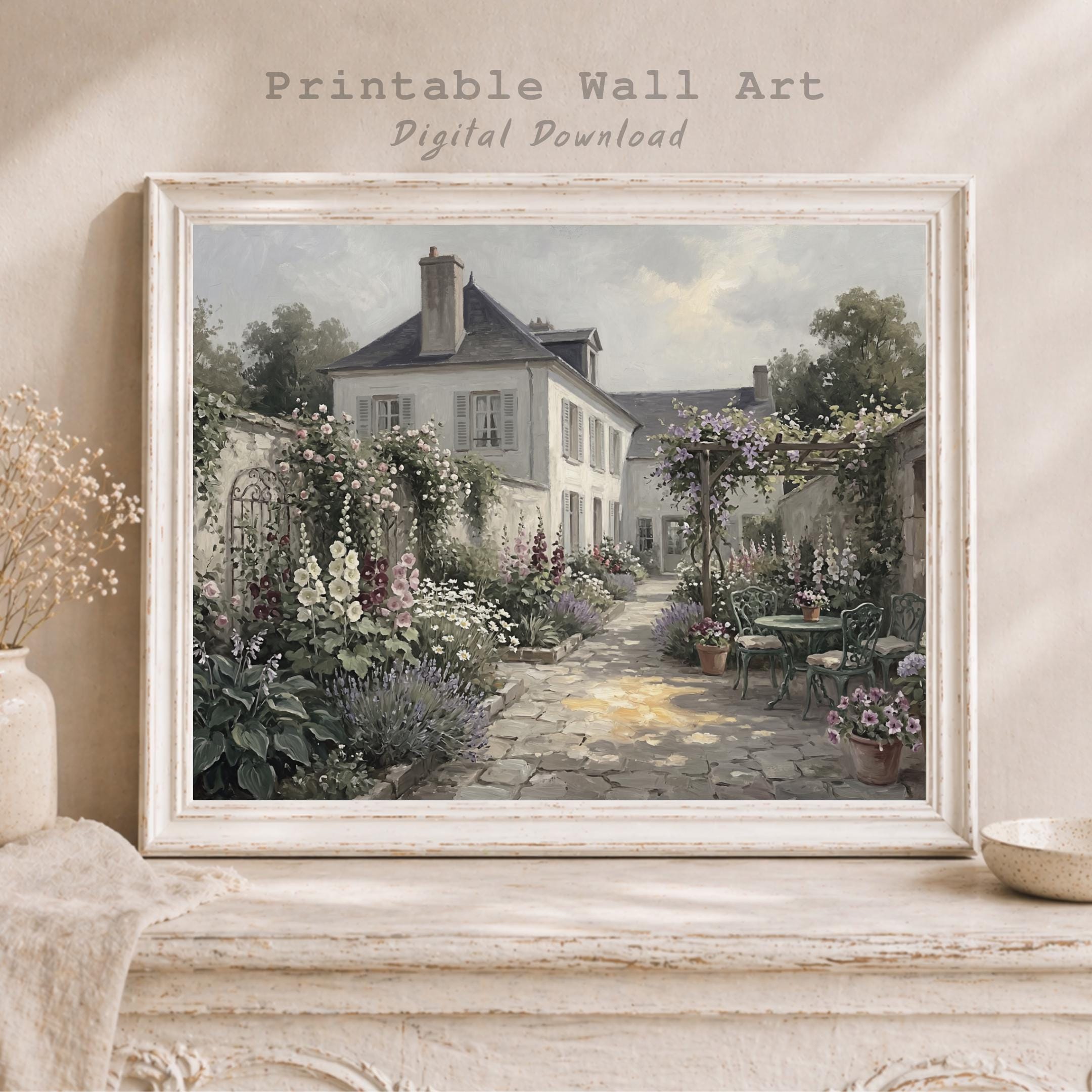 French Courtyard Garden Wall Art, Cottagecore Floral Patio Romantic Home Decor Digital Download — image 6