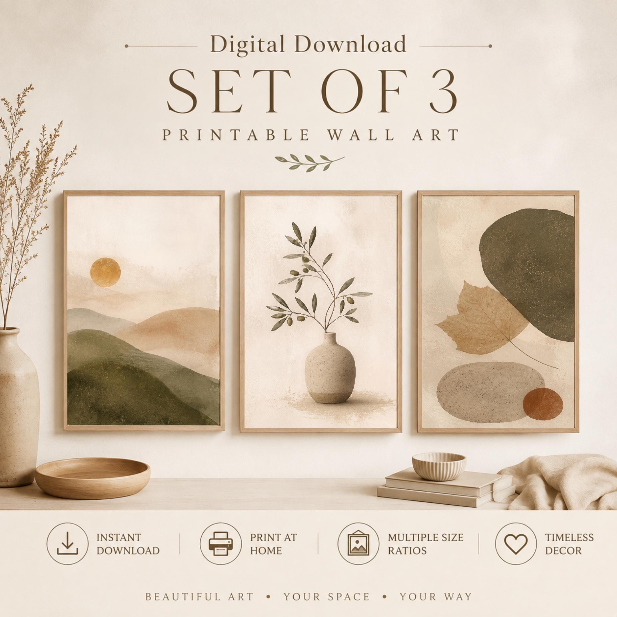Neutral Abstract Landscape Printable Wall Art Set, Minimalist Botanical Beige Home Decor Digital Download