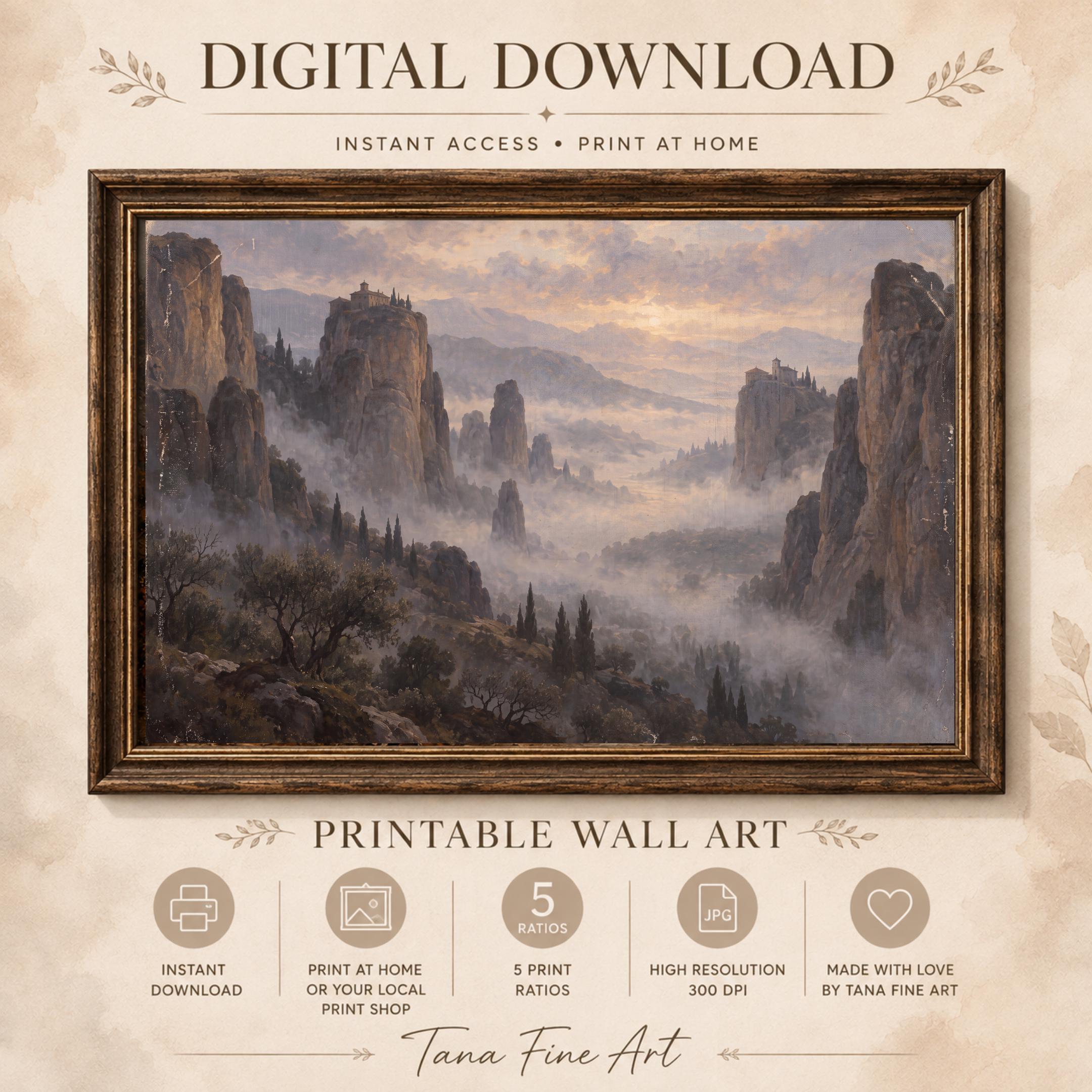 Vintage Misty Mountain Wall Art, Cliffside Monastery Landscape, Ethereal Valley, Rustic Mediterranean Digital Download — image 7