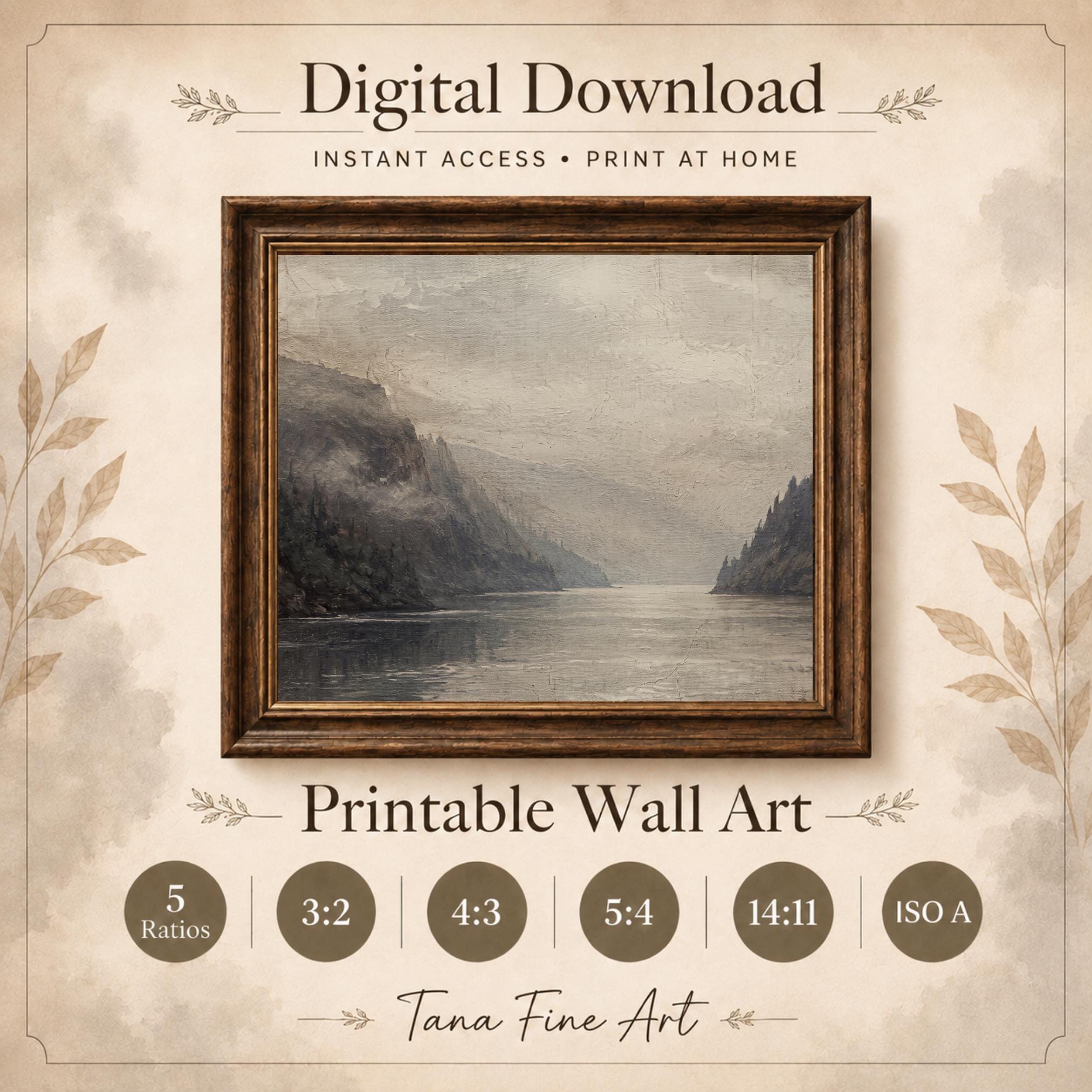 Misty Mountain Lake Printable Wall Art, Neutral Alpine Valley Landscape, Cabin Decor Digital Download — image 8