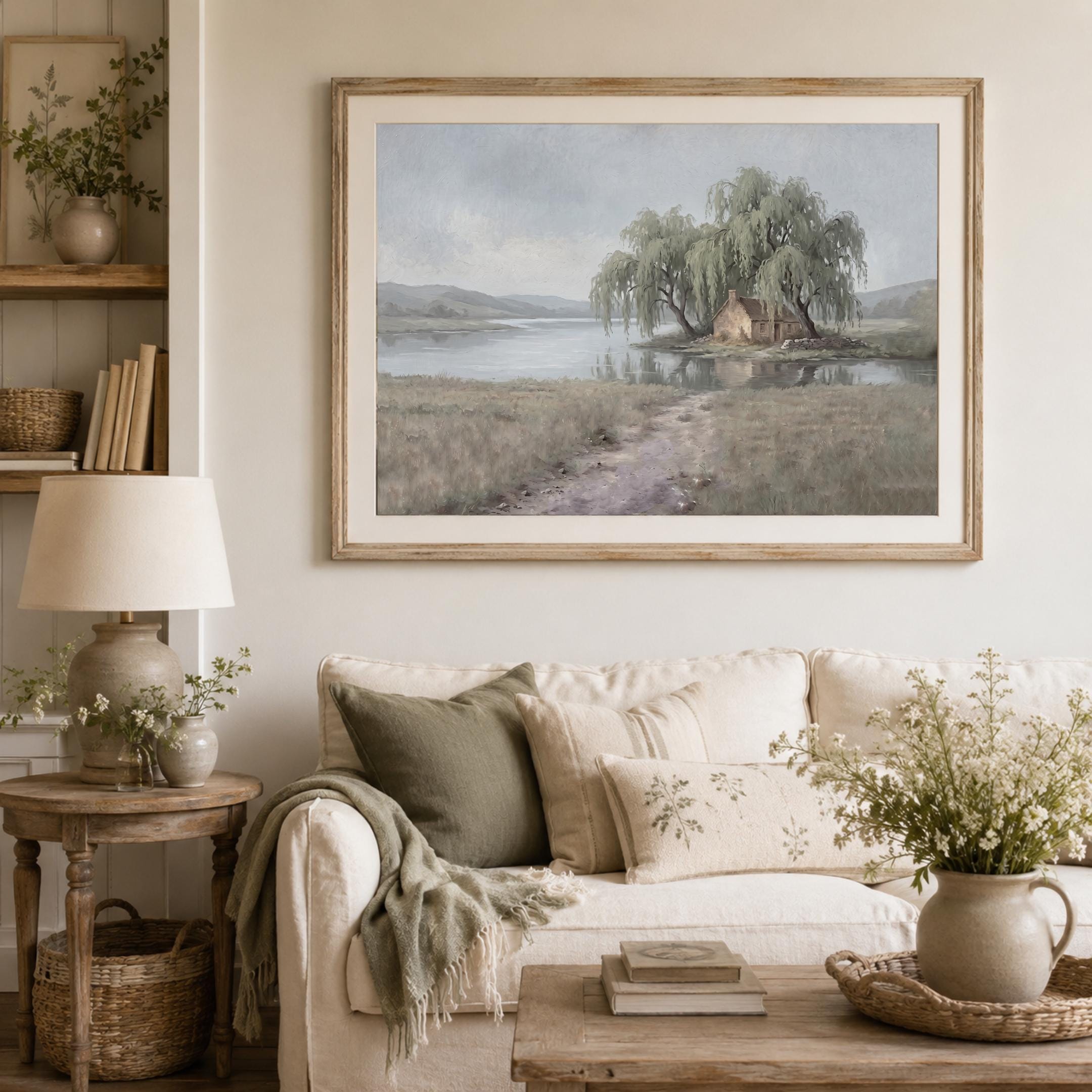 Cottage Lake Landscape Wall Art, Rustic Willow Tree Farmhouse Print (Digital Download) — image 2