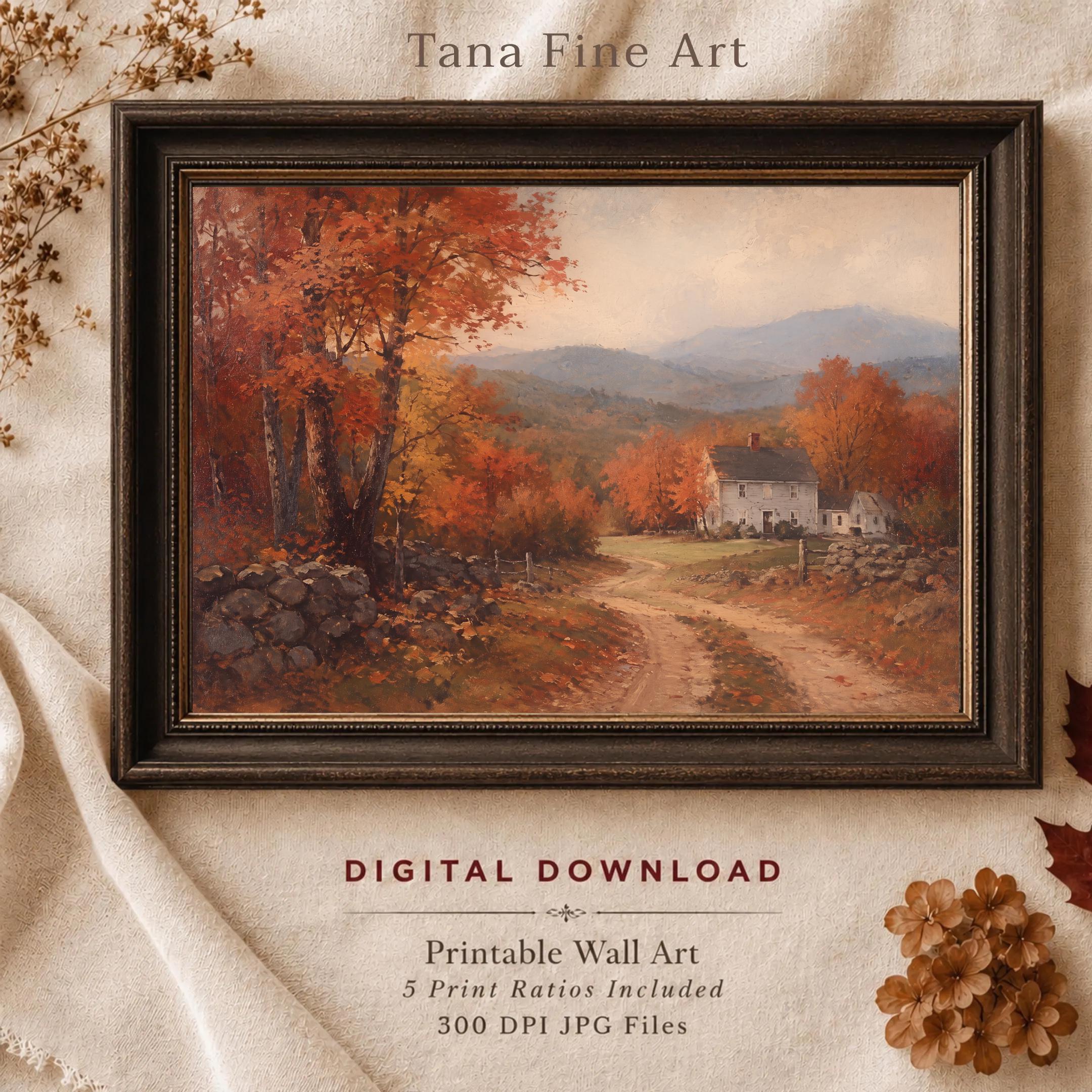 Vintage Fall Cottage Wall Art, New England Autumn Landscape, Rustic Farmhouse Decor Digital Download