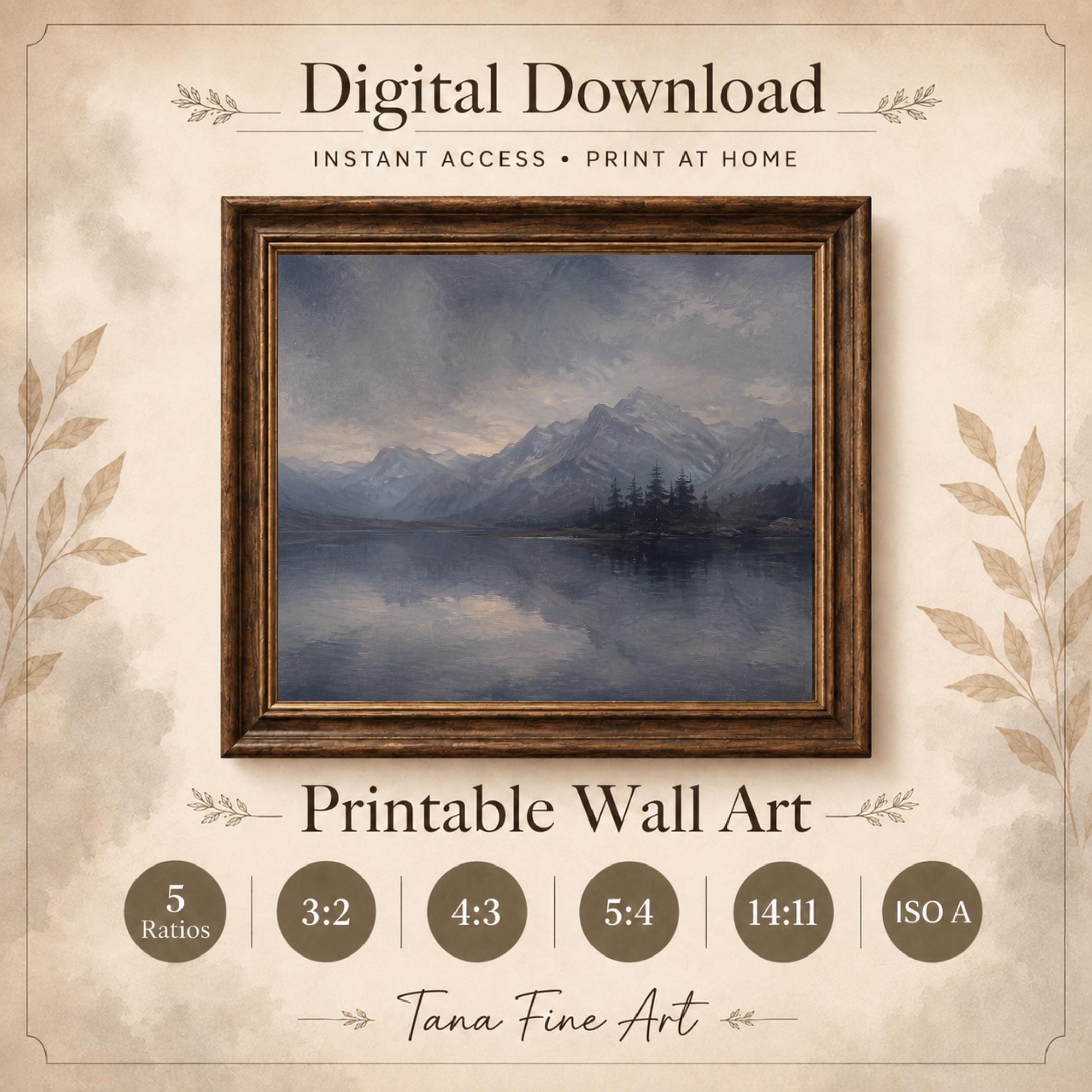 Moody Mountain Lake Printable Wall Art, Vintage Alpine Landscape, Rustic Cabin Dark Academia Decor — image 8