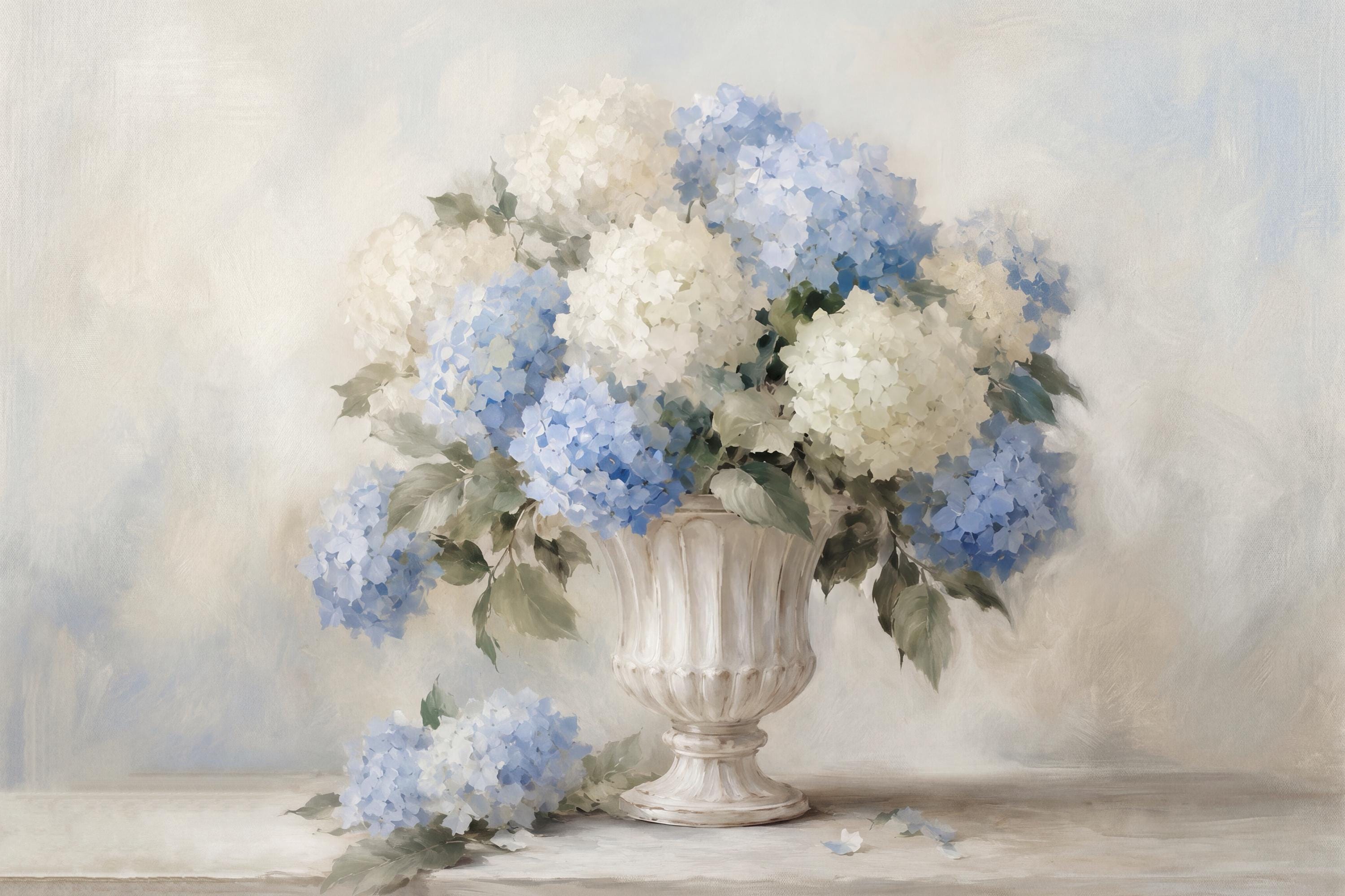Vintage Blue Hydrangea Wall Art,  Neutral Floral in French Stone Urn (Digital Download) — image 2