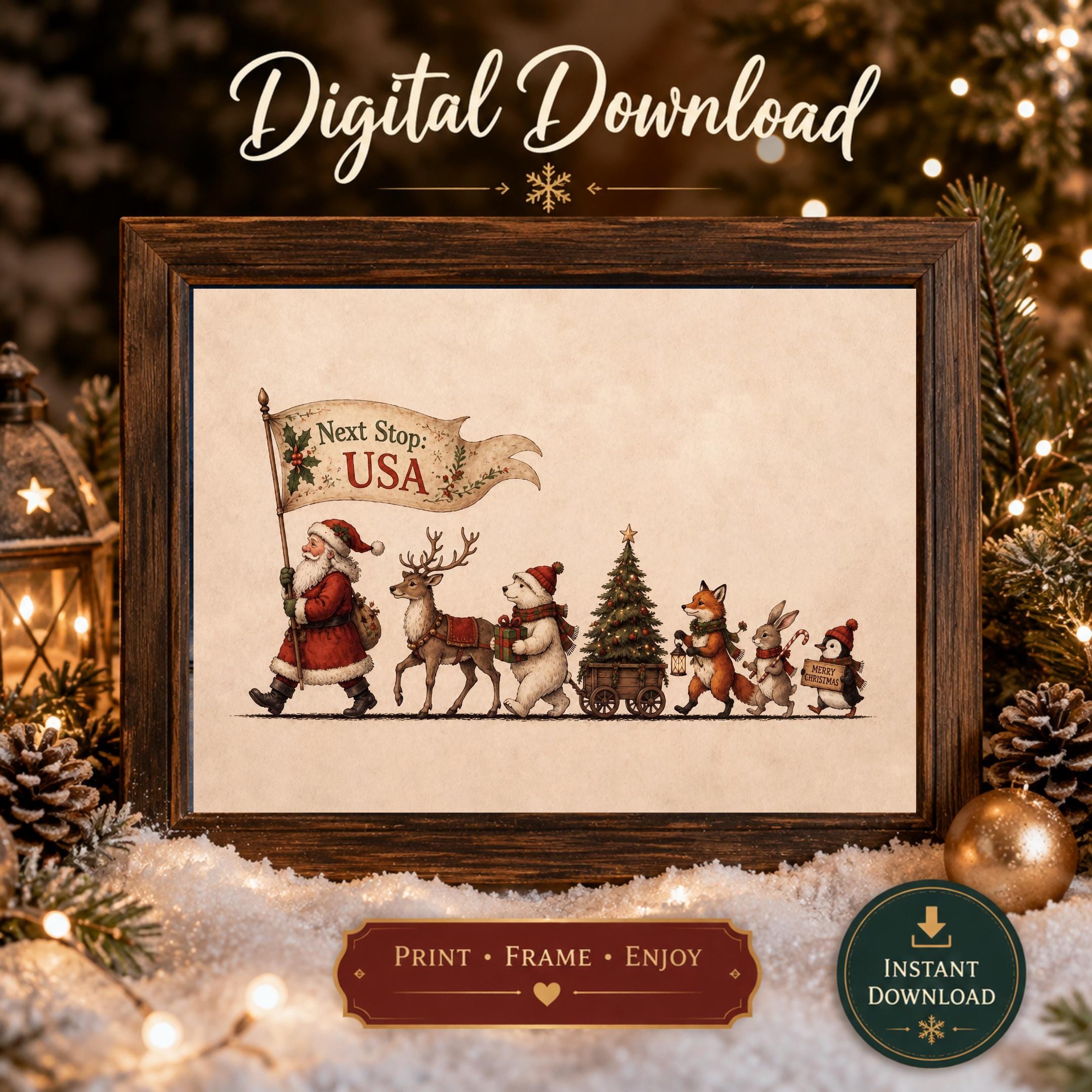 Christmas Parade Wall Art | Vintage Santa Reindeer Holiday Print | Printable Digital Download