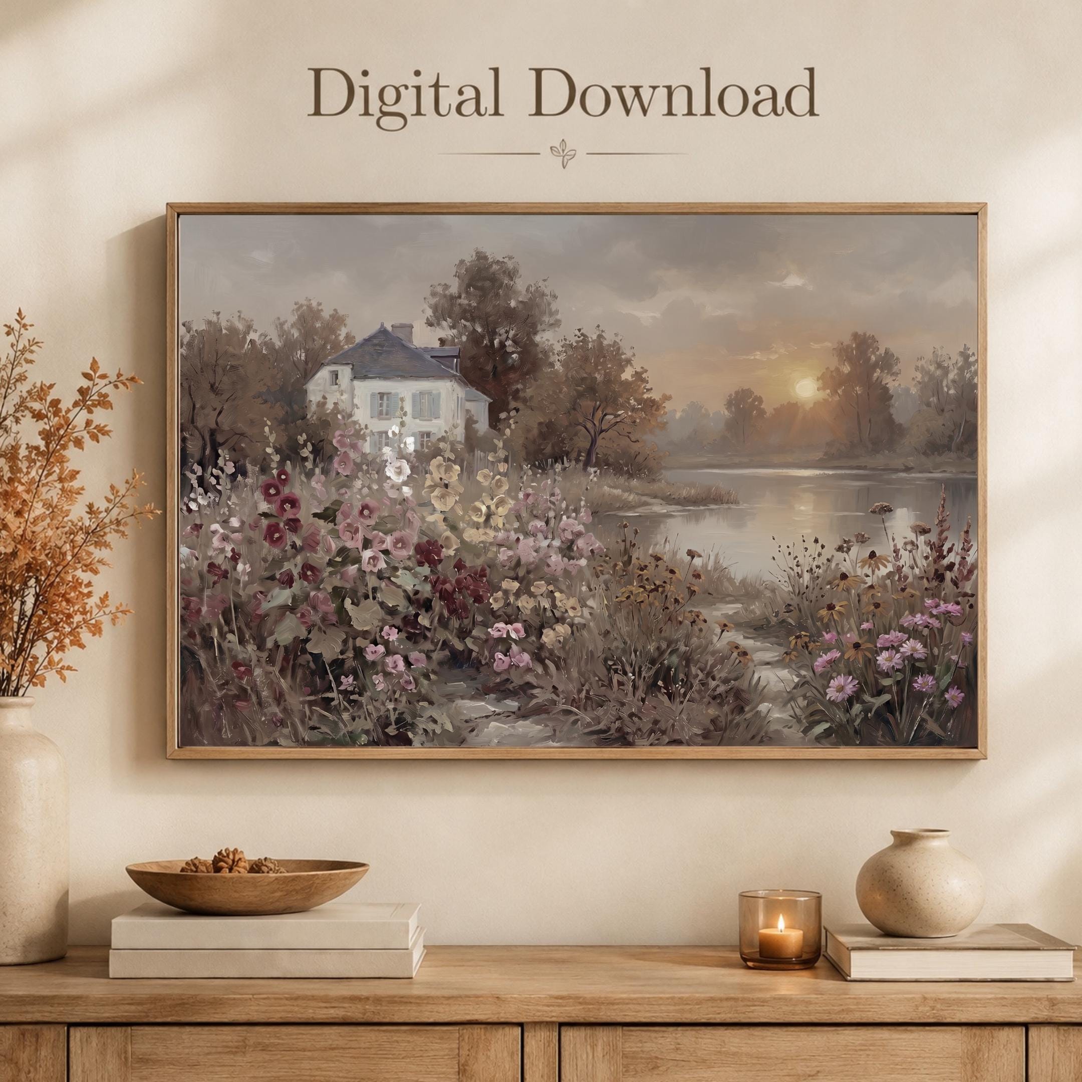 Moody Country Cottage Garden Wall Art, Lake Landscape Print, Vintage Farmhouse Decor (Digital Download) — image 5